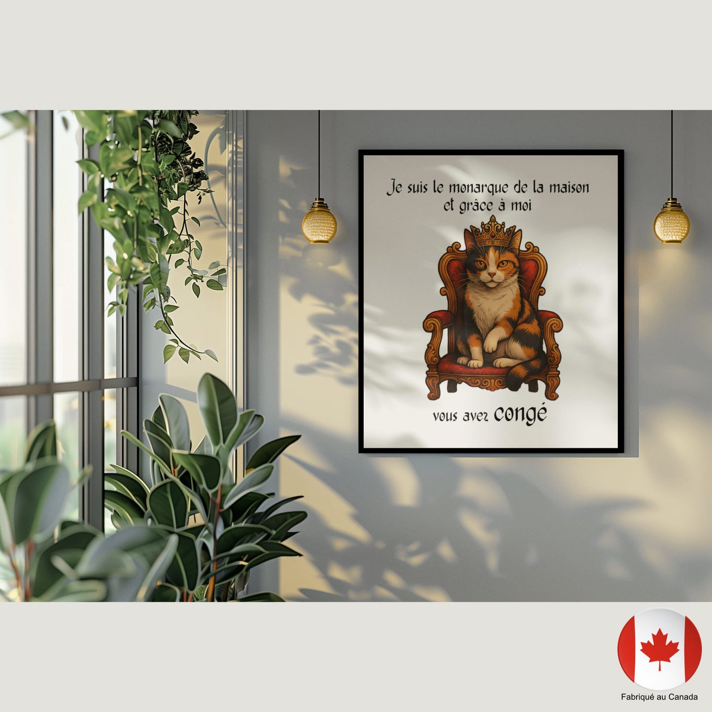 Mockup affiche humoristique chat roi, mur coloré, texte « vous avez congé » - Artic60