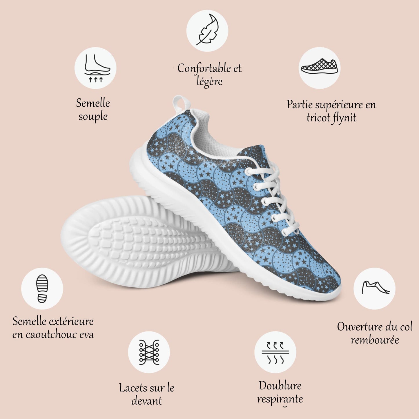 Détails de produit chaussure sport pour femmes au motif de vagues bleues et noires - Artic60