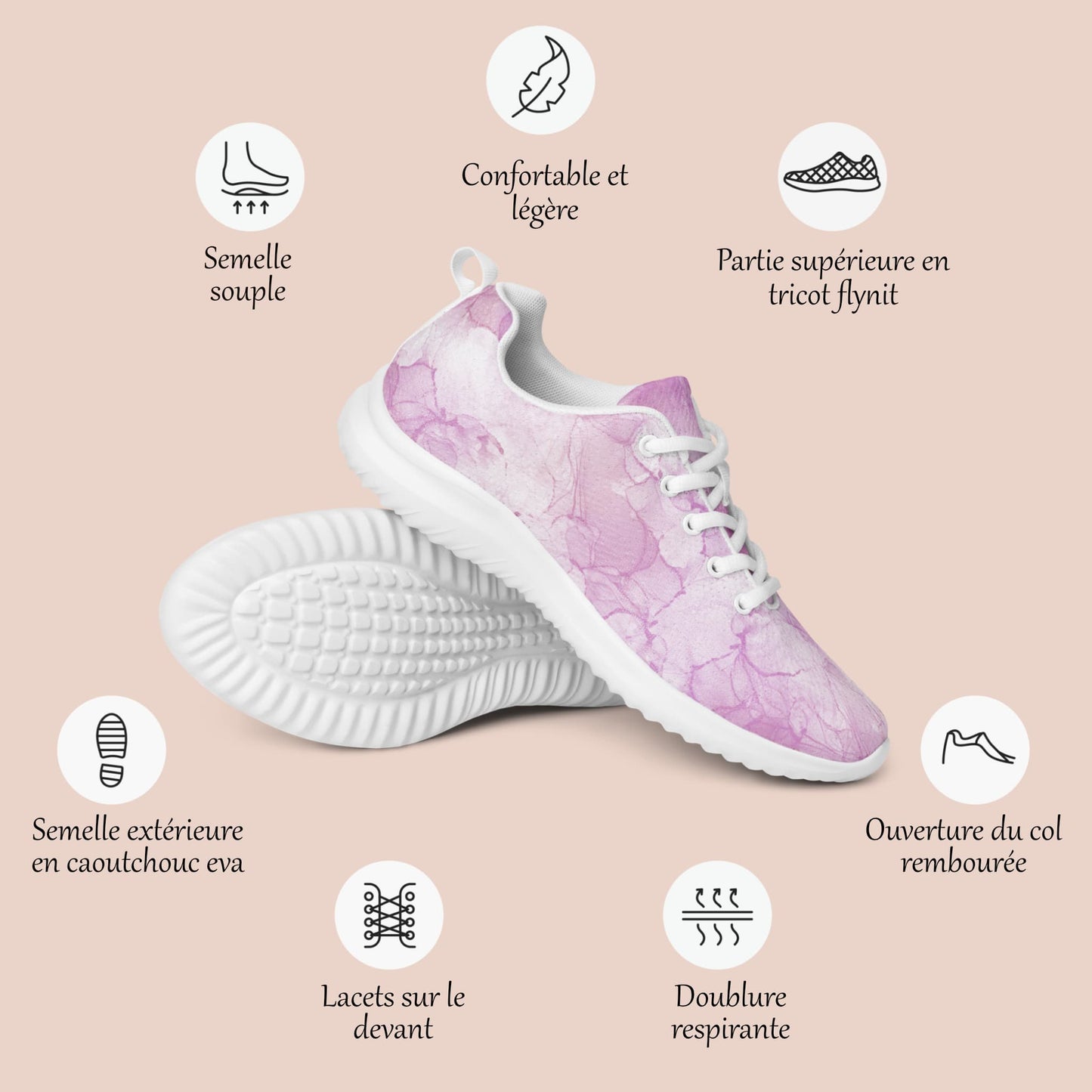 Détail de produit des baskets femme avec design marbre rose - Confort et légèreté - Artic60