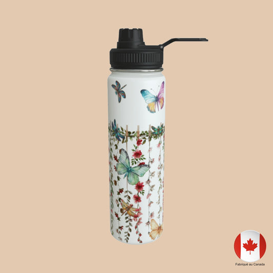 Bouteille d'eau avec bouchon à ganse, motif papillons et fleurs – vue droite