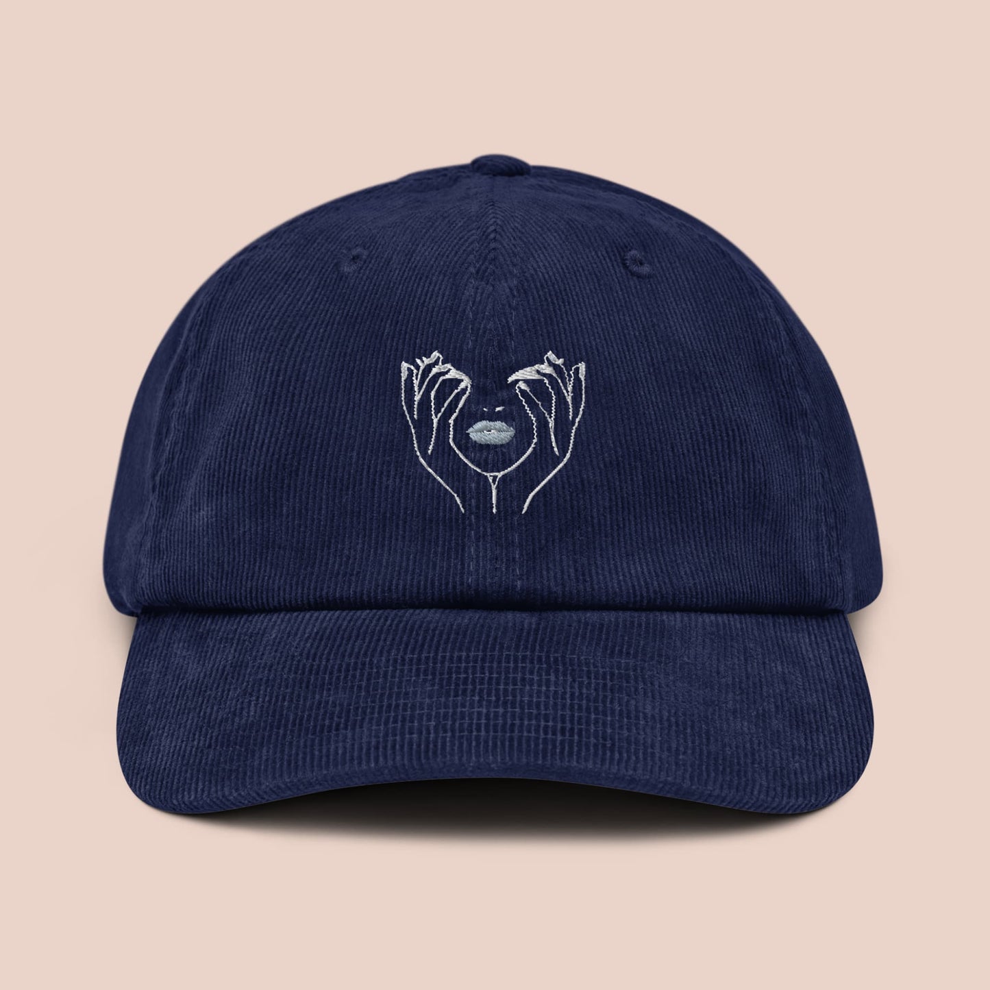 Casquette bleu marine en velours côtelé avec broderie artistique de mains et bouche - Artic60