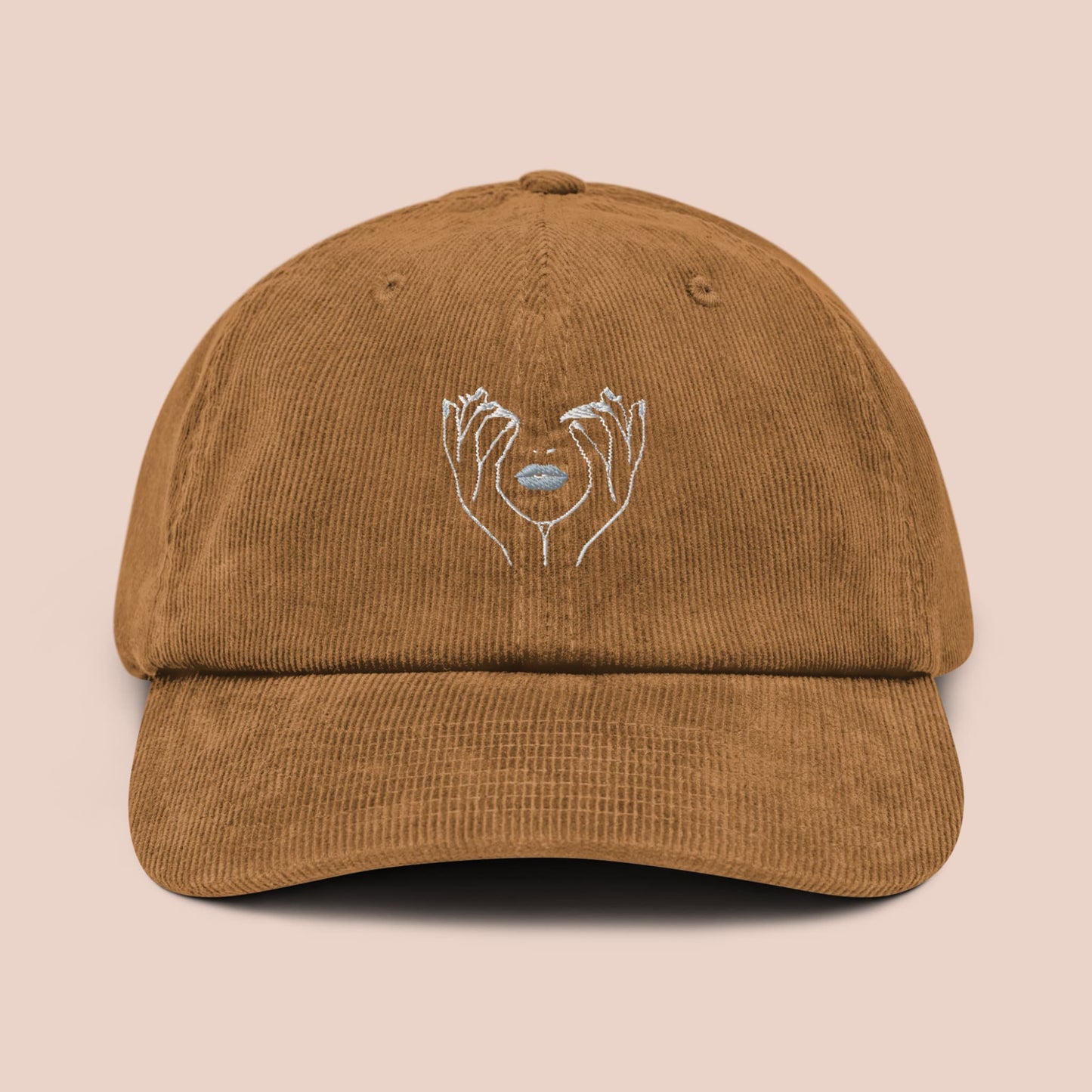 Casquette camel en velours côtelé avec illustration brodée de mains et de lèvres - Artic60