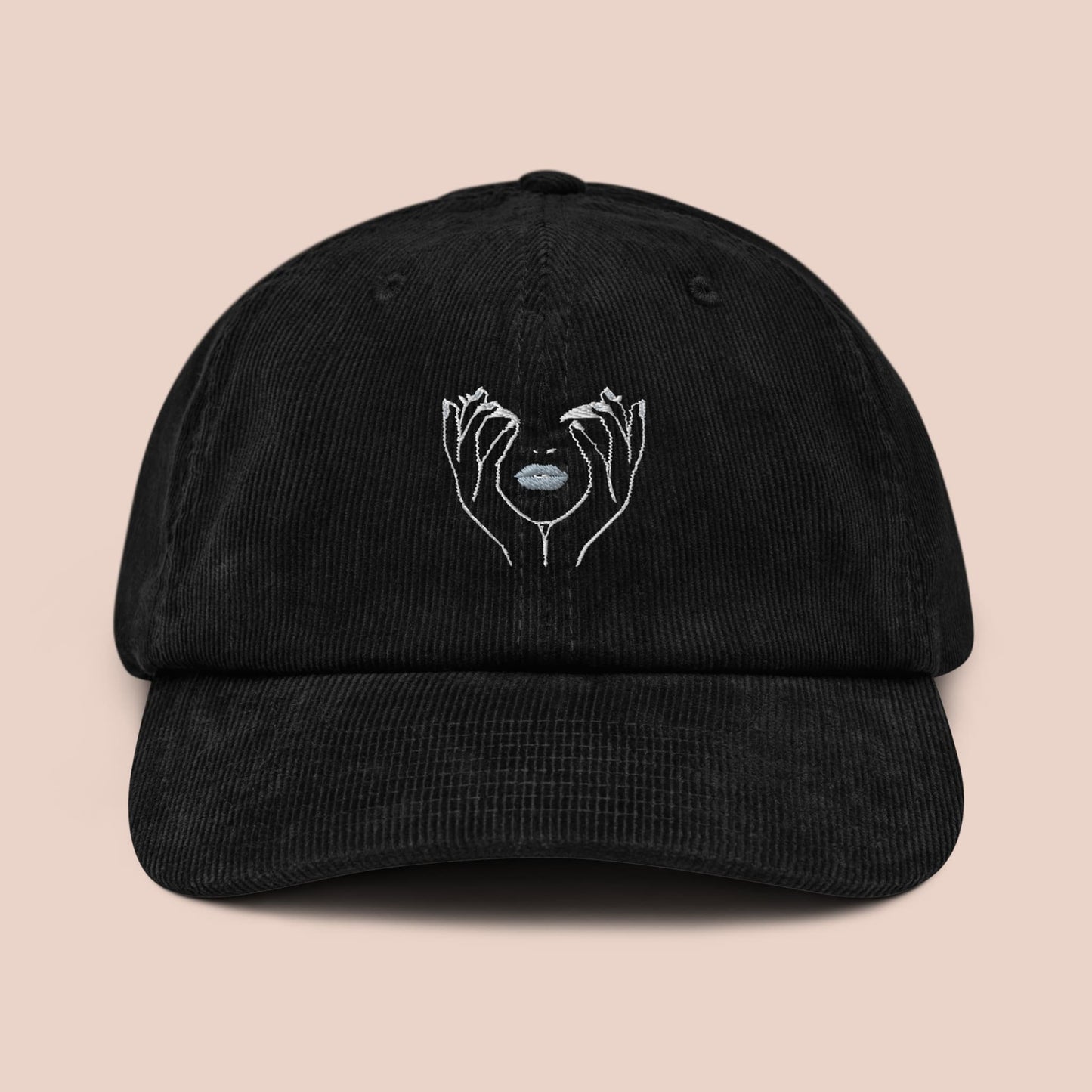 Casquette noire en velours côtelé avec illustration brodée de mains et bouche - Artic60