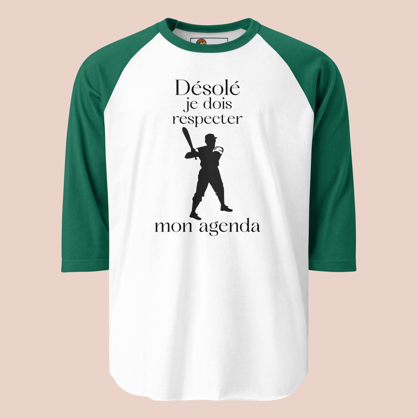Chandail raglan manches vertes avec joueur de baseball et texte humoristique Désolé je dois respecter mon agenda - Artic60
