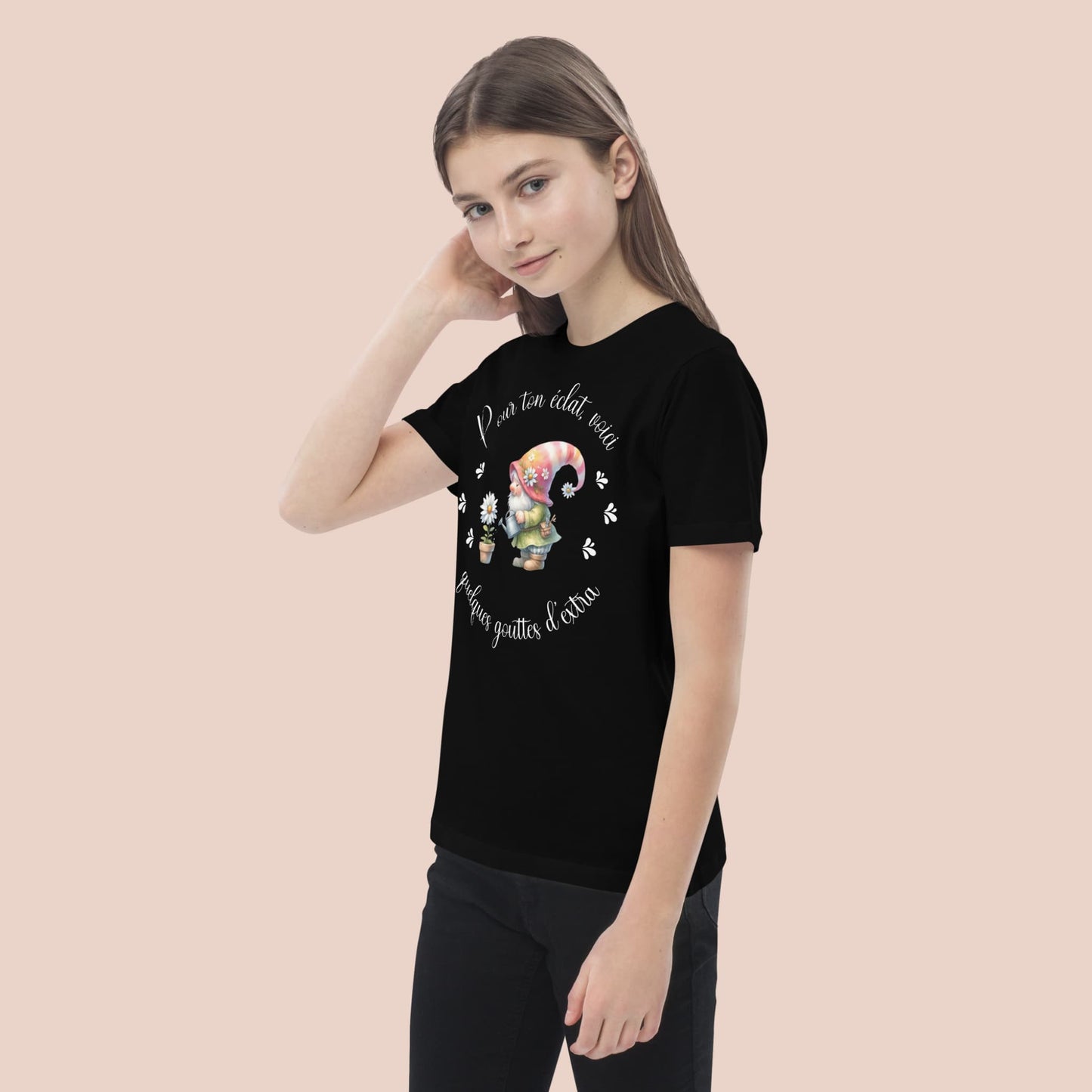 T-shirt noir enfant avec lutin et fleurs – vue latérale fille – Artic60