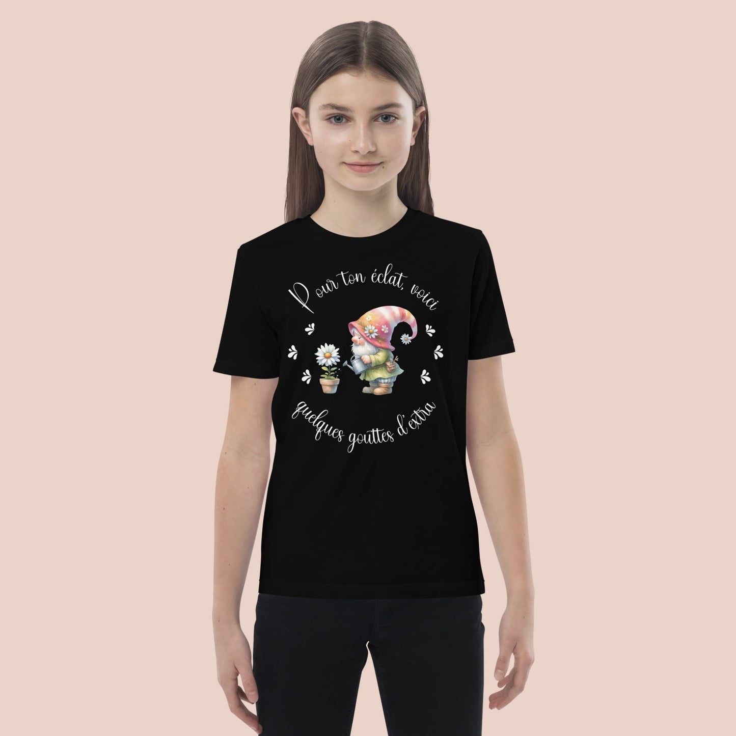 T-shirt biologique noir pour fille avec illustration de lutin – Artic60