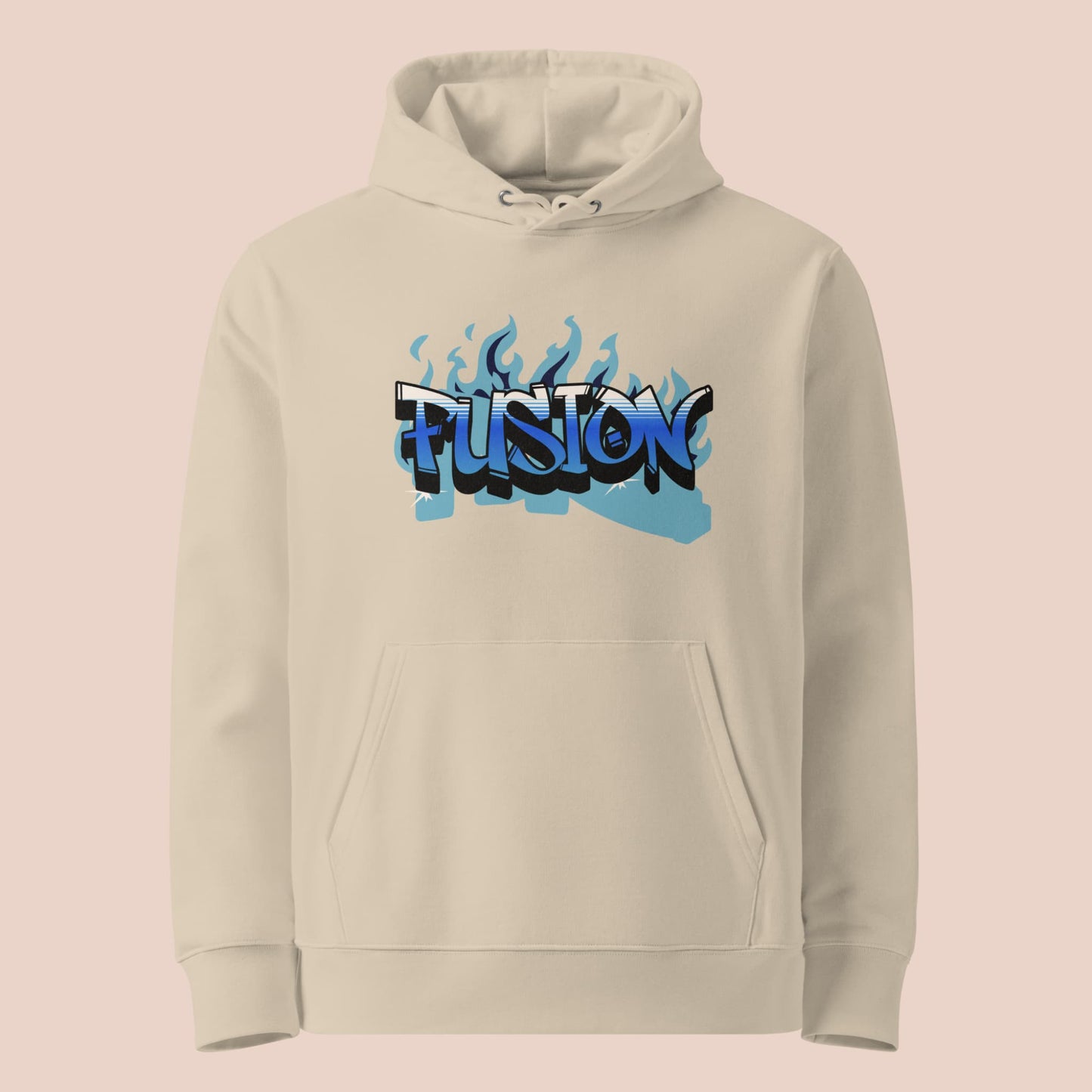 Hoodie beige en coton bio avec flamme et lettrage bleu style graffiti - Artic60