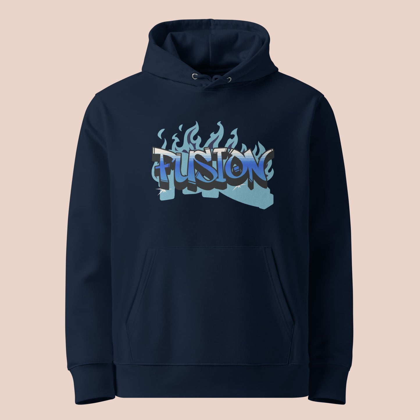 Hoodie bleu marine coton bio  avec illustration graffiti du mot Fusion et flammes bleues - Artic60