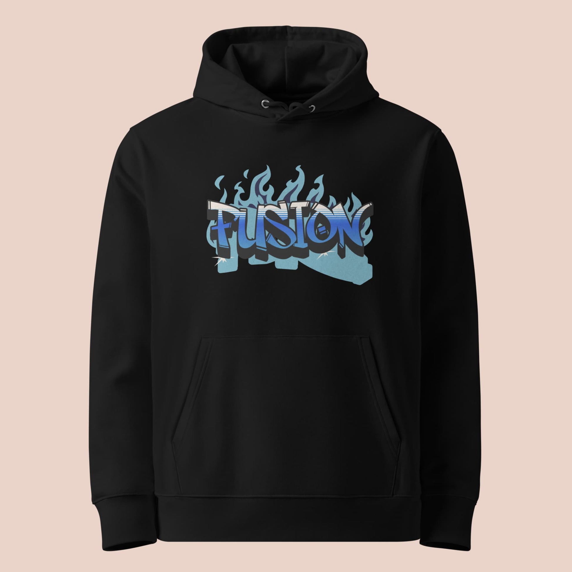 Hoodie noir au coton biologique pour adulte avec lettrage graffiti et flamme bleue - Artic60