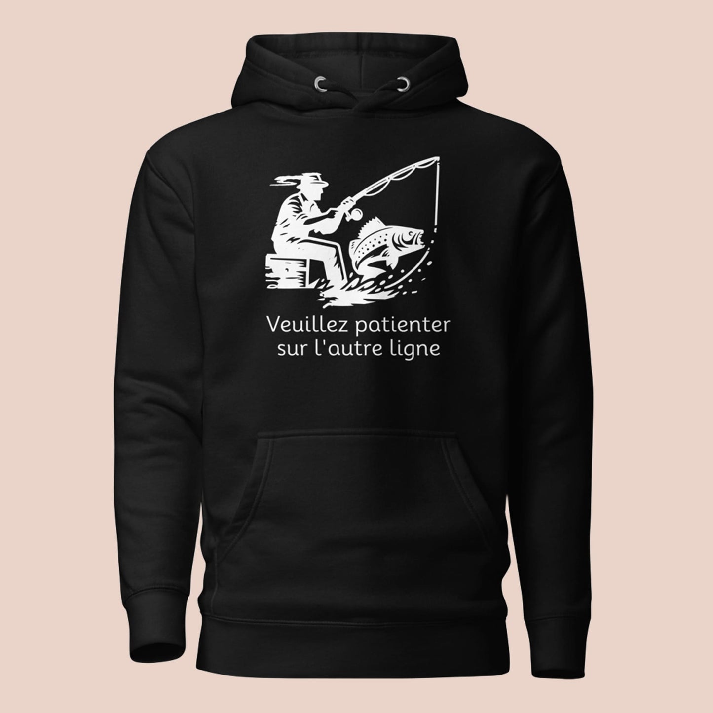 Hoodie unisexe noir avec motif pêcheur et texte « Veuillez patienter sur l'autre ligne » - Artic60