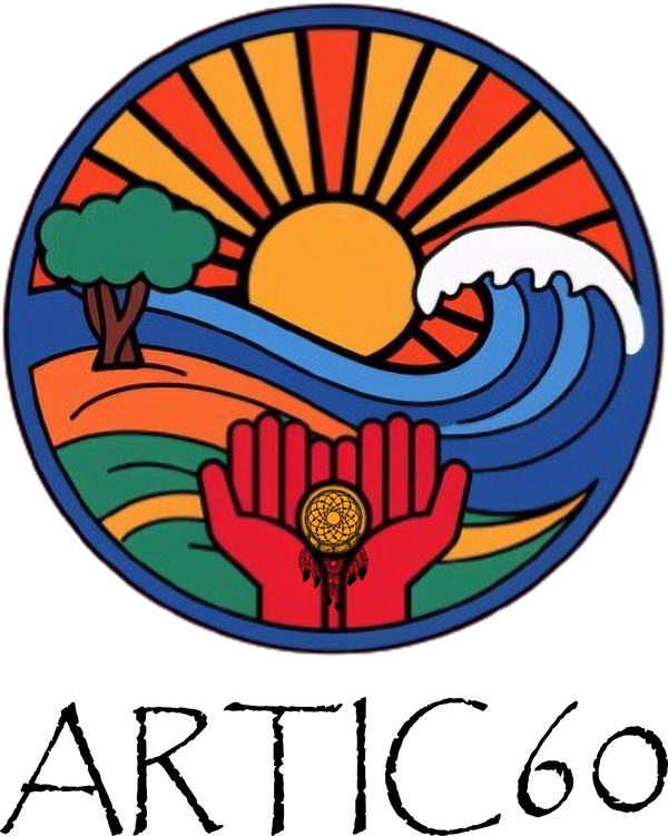 Logo d'Artic60 d'un paysage nordique représentant un capteur de rêve dans 2 mains ouverts voulant démontrer la générosité et la solidarité entre peuples autochtones