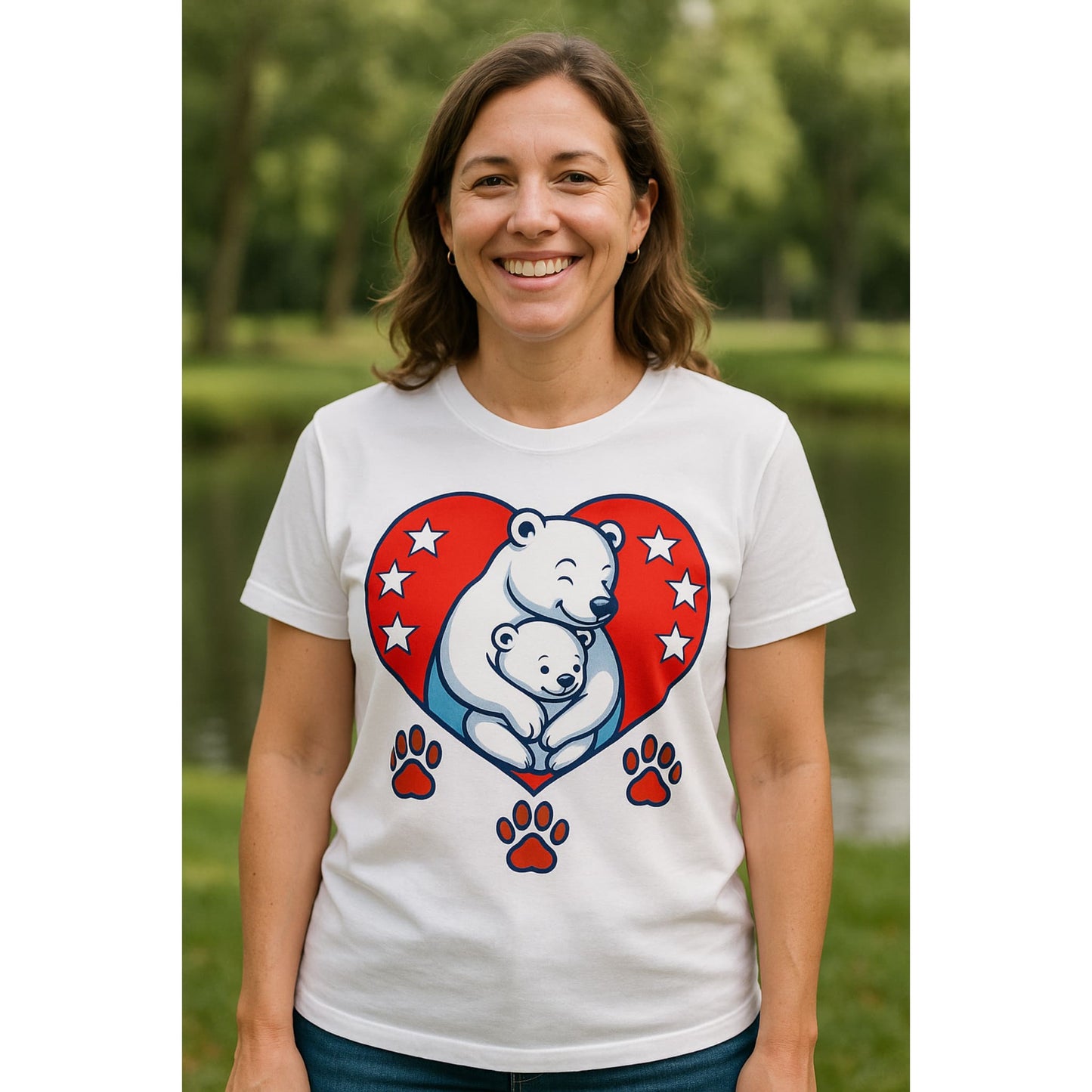 Maman souriante en décor paisible portant un t-shirt blanc motif ours polaire