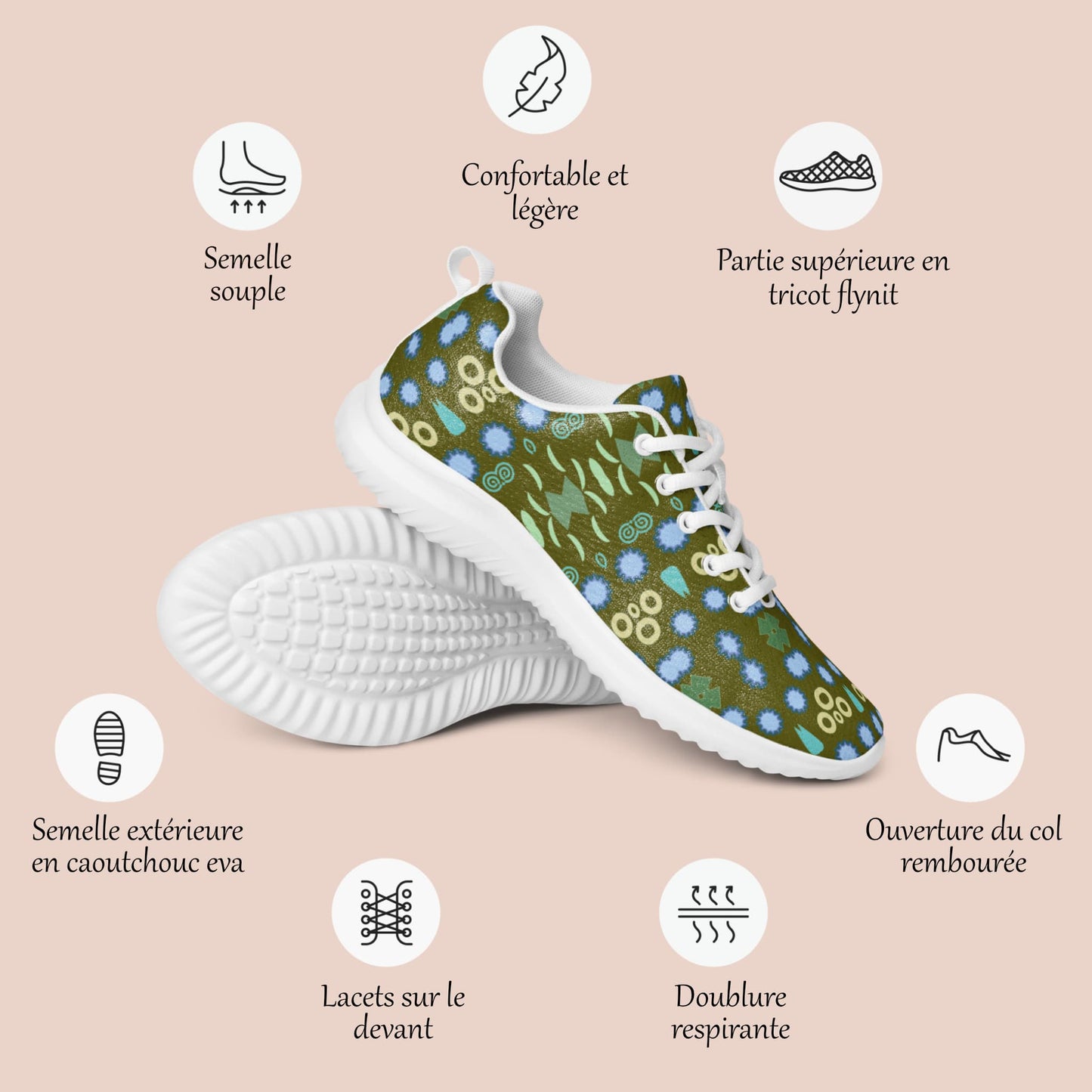 Détail de baskets sports pour femmes imprimées aux motifs géométriques verts et bleus - Artic60