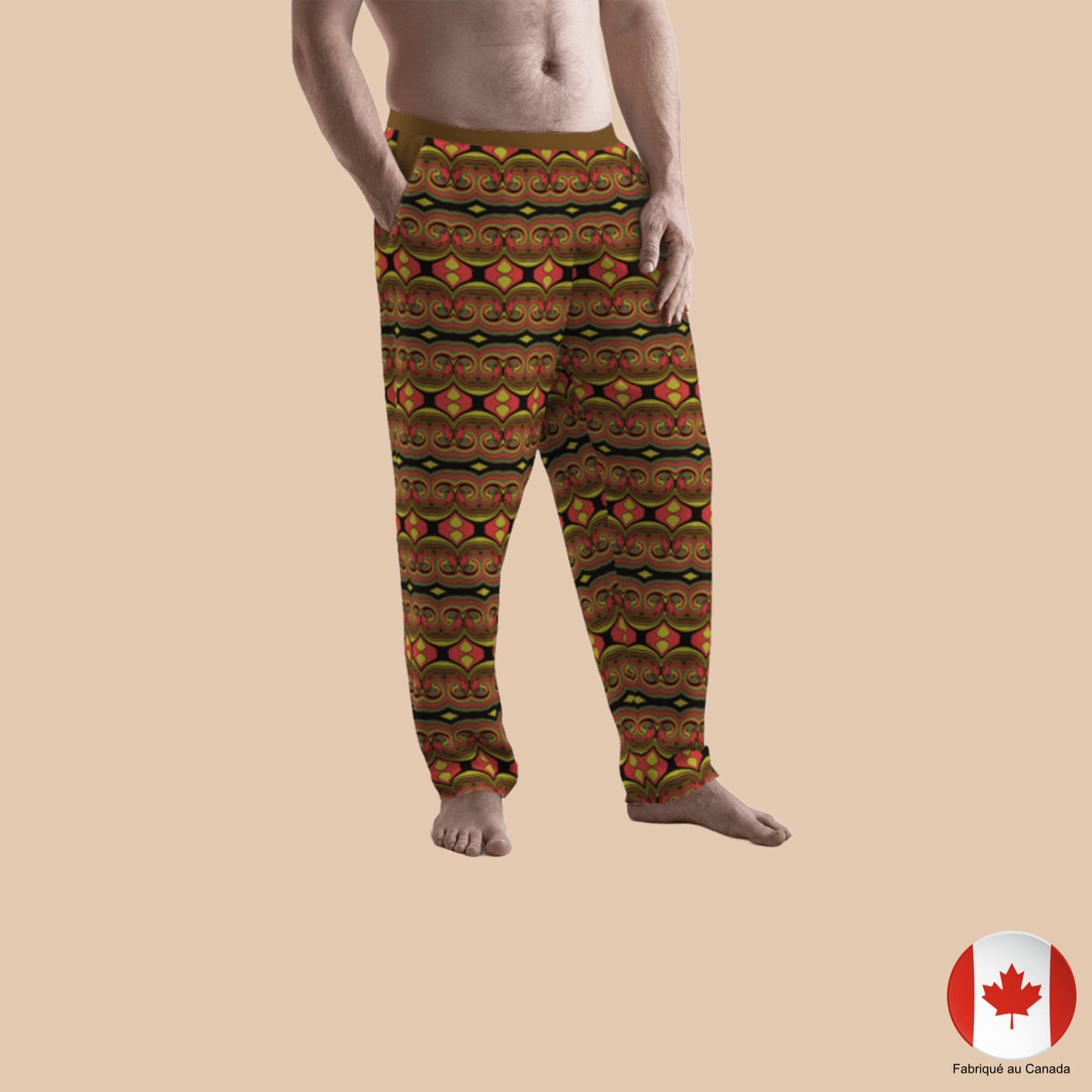 Homme portant un pantalon détente unisexe à motif tribal chaleureux - vue de face - Artic60