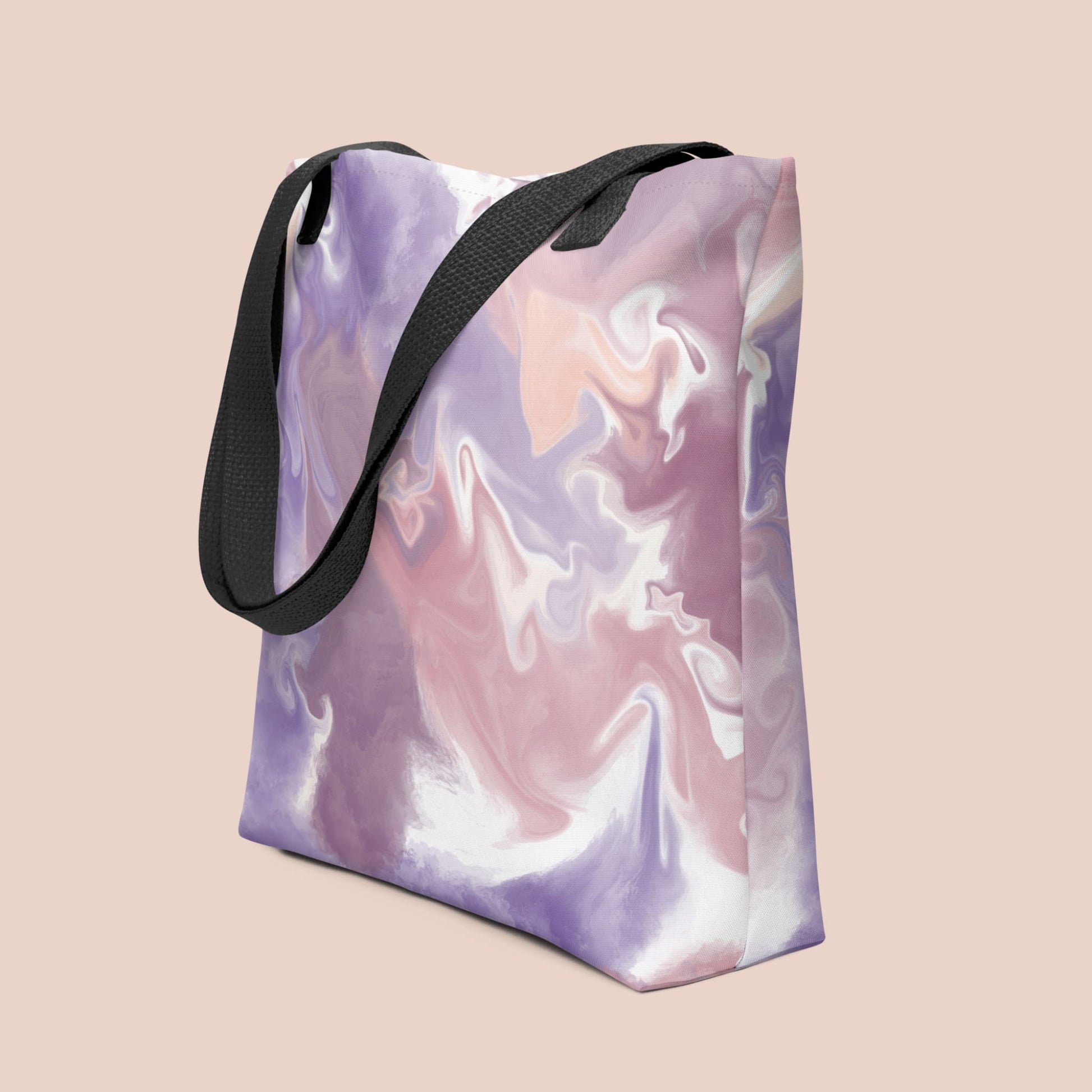 Sac d’emplettes motif marbré lavande pêche avec ganse noire, vue en angle - Artic60