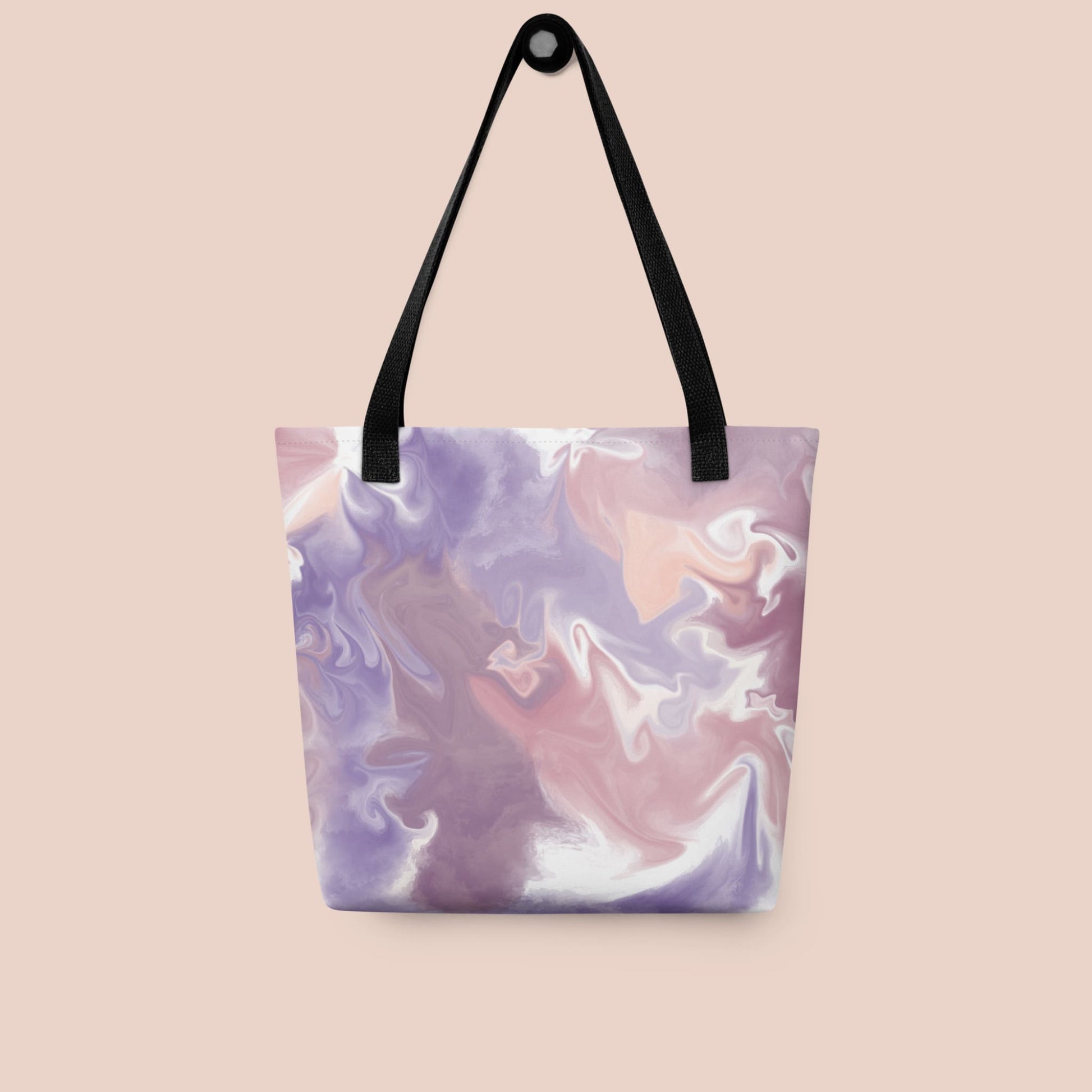 Sac fourre-tout motif marbré lavande pêche avec ganse noire, vue avant - Artic60