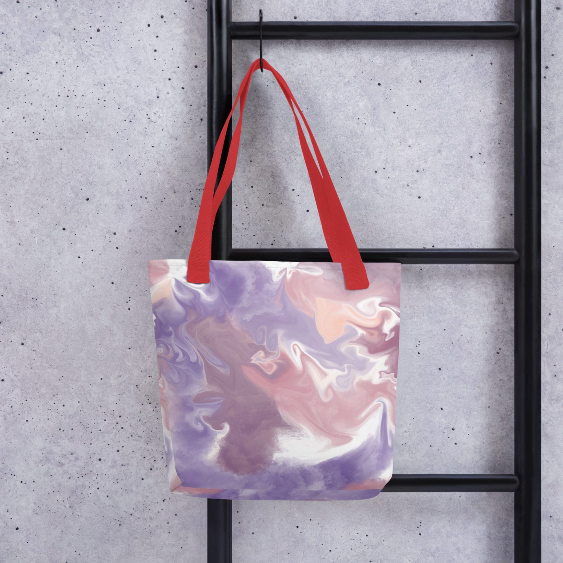 Sac fourre-tout motif marbré lavande pêche avec ganse rouge, vue avant - Artic60