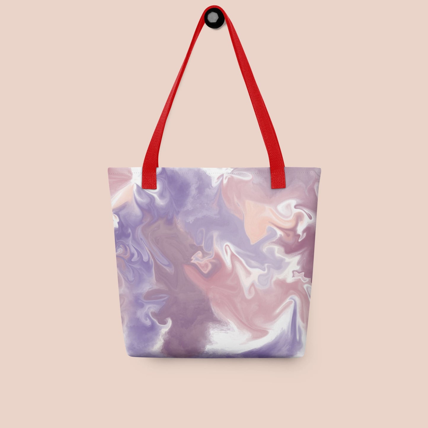 Sac d’emplettes artistique motif marbré lavande pêche, ganse rouge, vu de dessus avec accessoires - Artic60