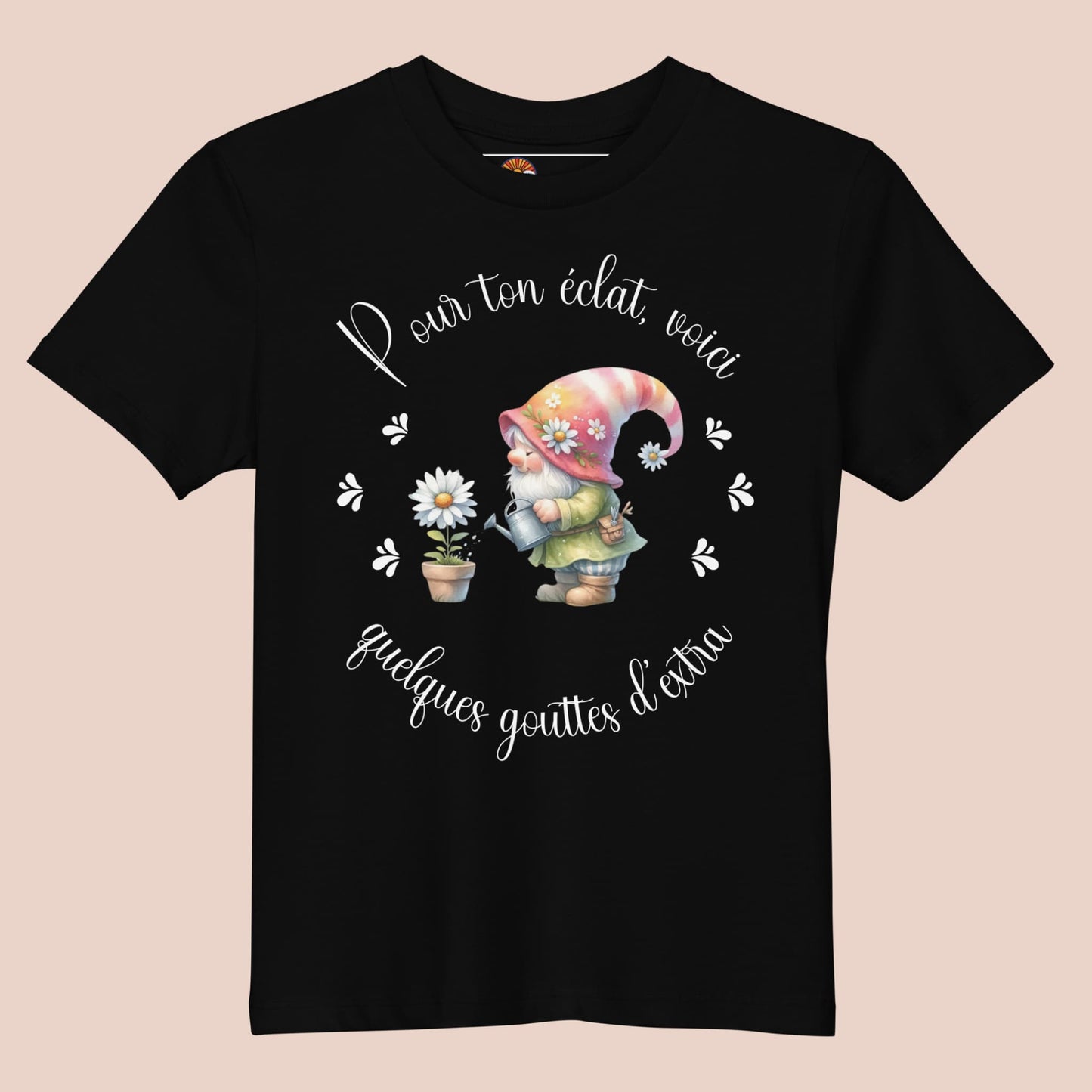 T-shirt noir pour enfant en coton bio avec illustration mignonne d'un lutin et d'une marguerite