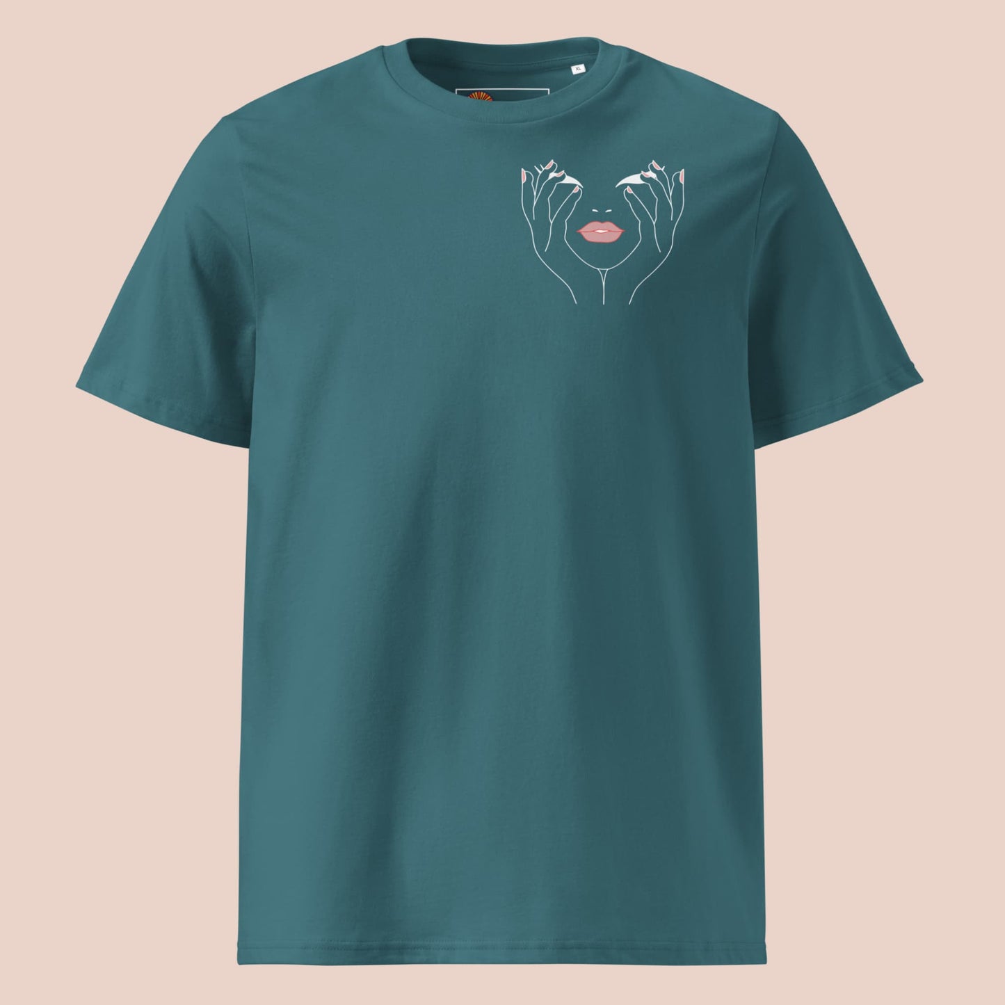 T-shirt bleu sarcelle à plat avec design blanc de mains encadrant une bouche rose – Artic60