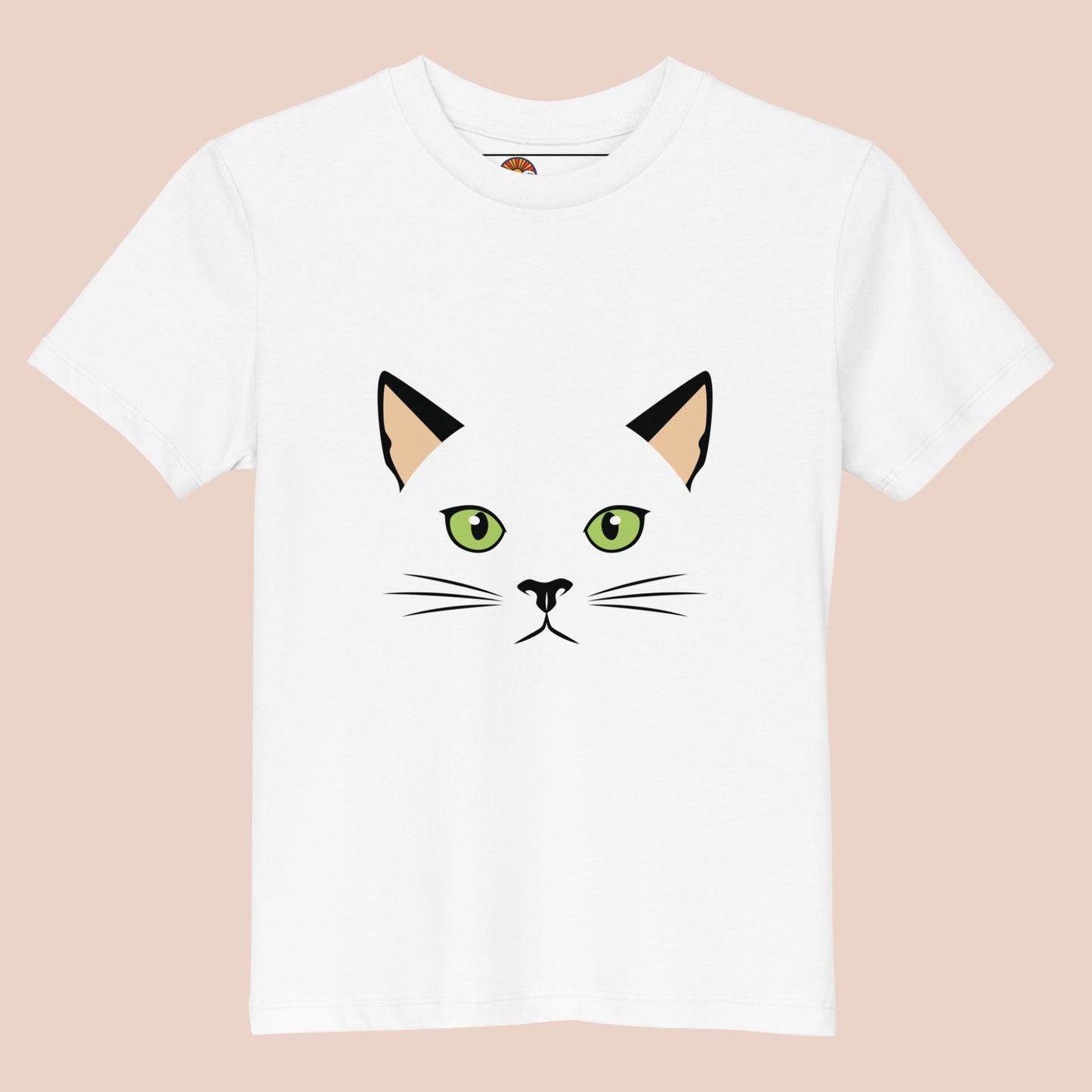 T-shirt enfant en coton bio blanc avec un design minimaliste de face de chat aux yeux verts – Artic60