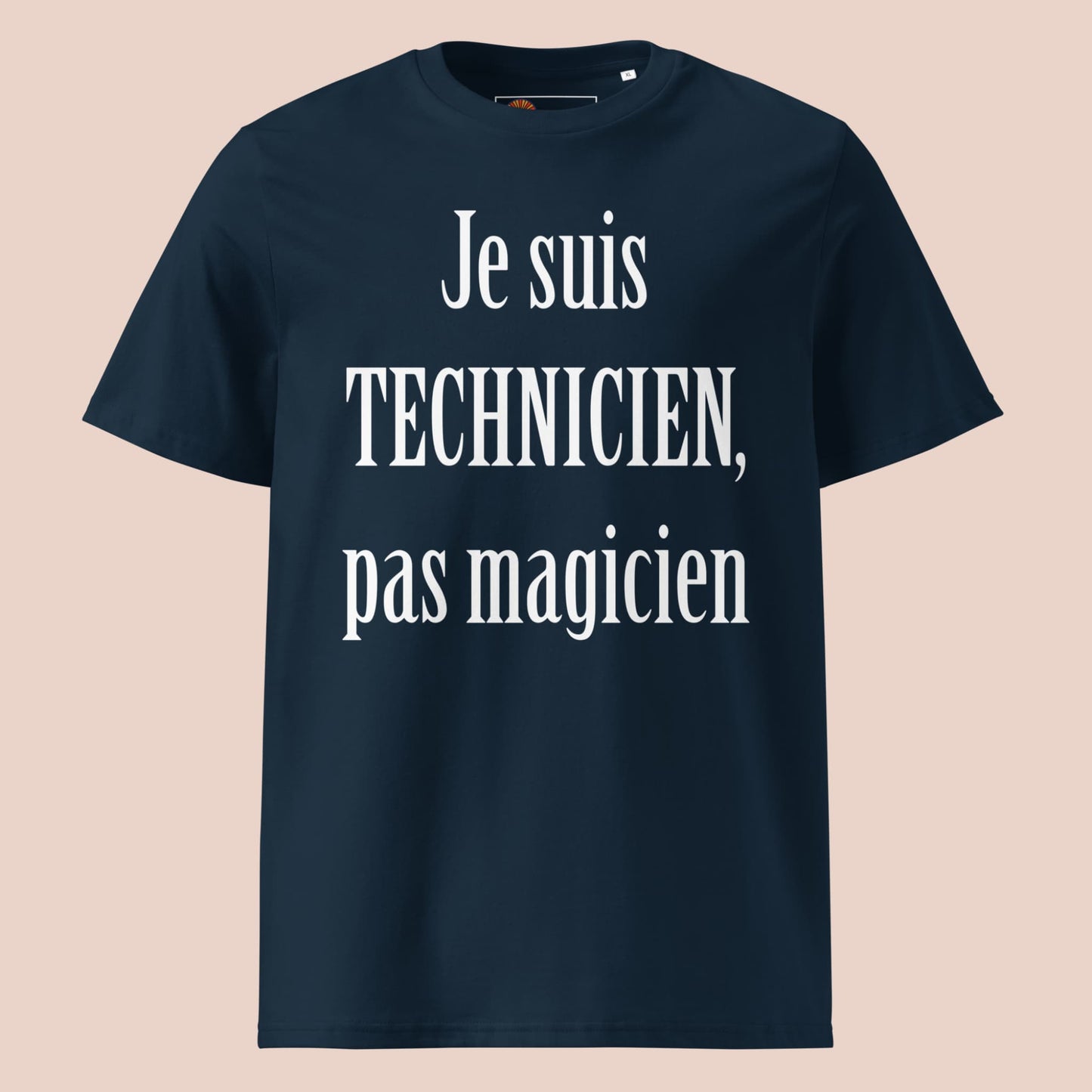 T-shirt bleu marine en coton biologique avec impression blanche Je suis technicien, pas magicien - Artic60