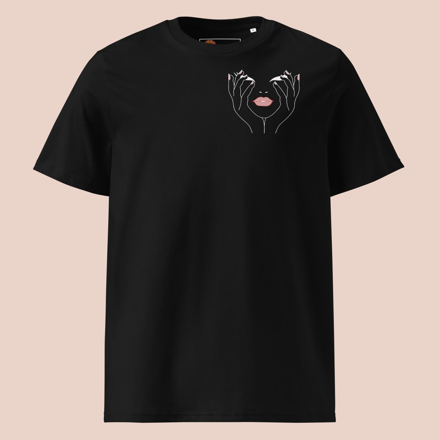 T-shirt noir à plat avec dessin de mains blanches et bouche rose en style minimaliste – Artic60