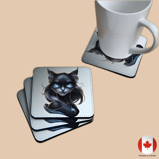4 sous-verre décoratif avec illustration de chatte noire aux yeux bleus – Artic60
