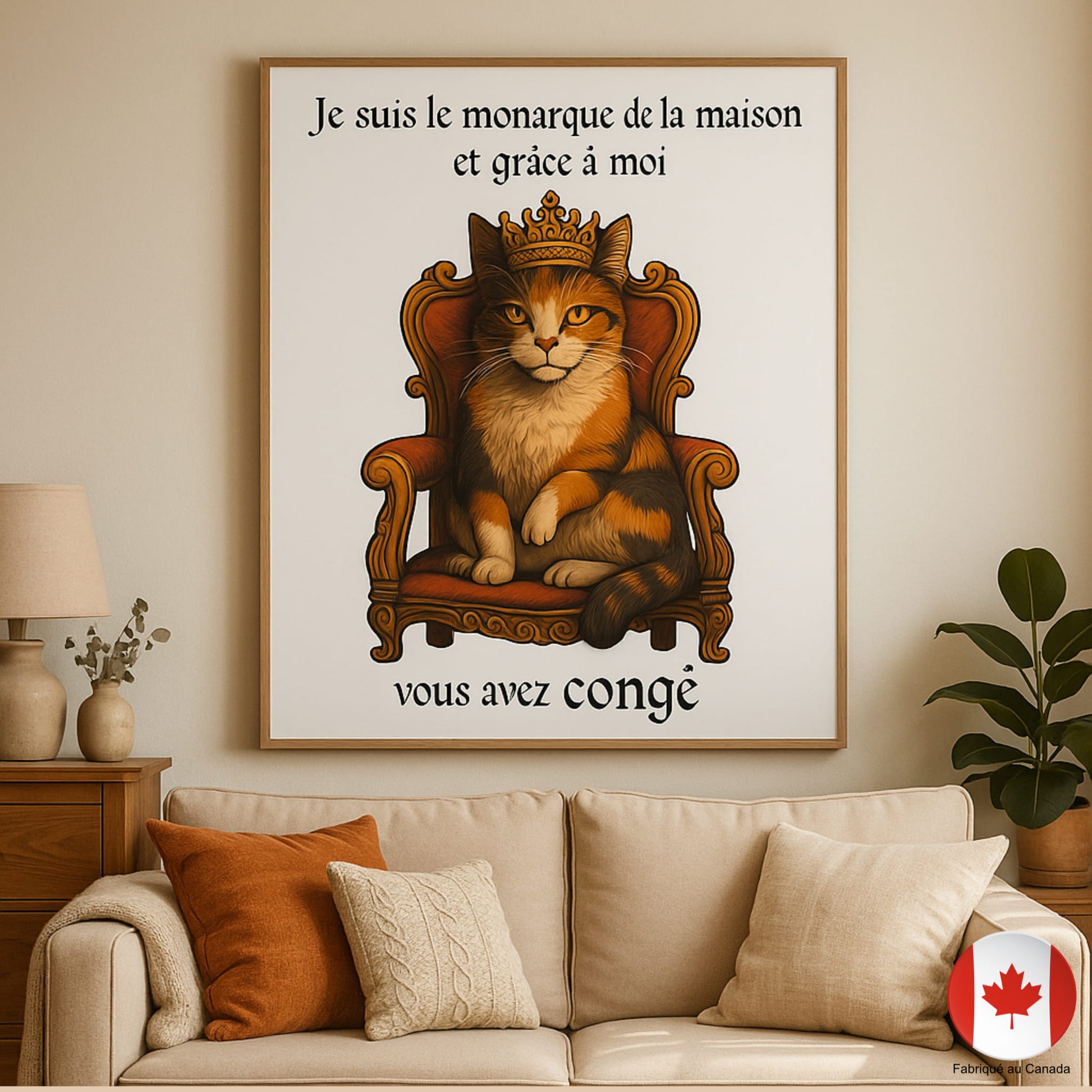 Mockup affiche chat roi, décoration intérieure chaleureuse, texte « vous avez congé » - Artic60