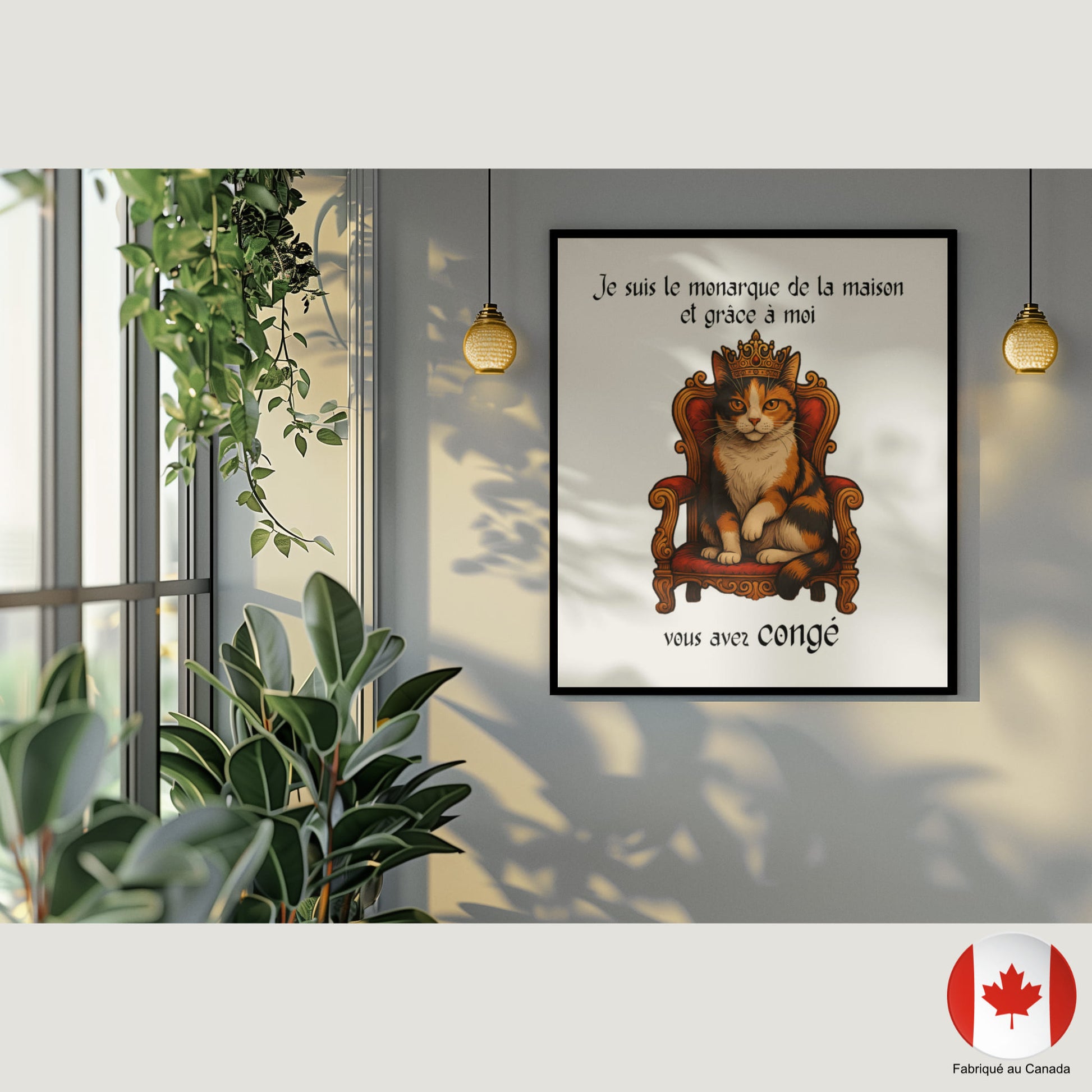 Mockup affiche humoristique chat roi, mur coloré, texte « vous avez congé » - Artic60