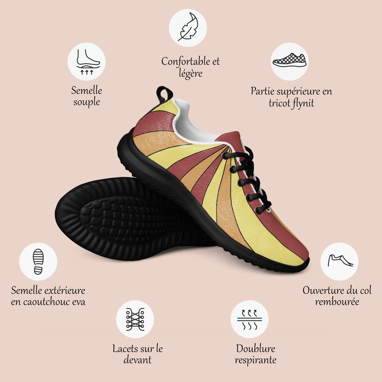 Détail technique des baskets femme brunes et jaunes avec motif rayé – Artic60