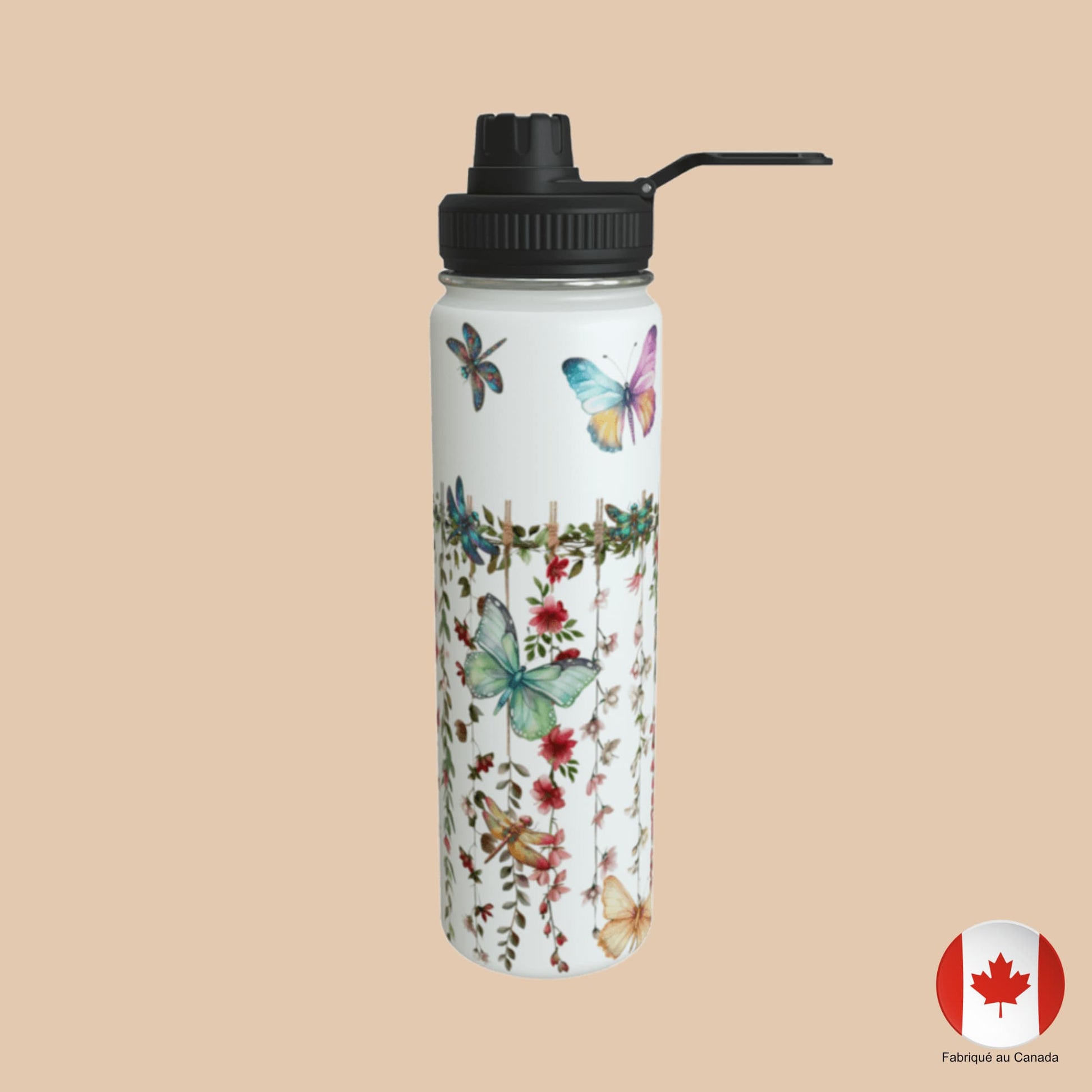 Bouteille d'eau avec bouchon à ganse, motif papillons et fleurs – vue droite