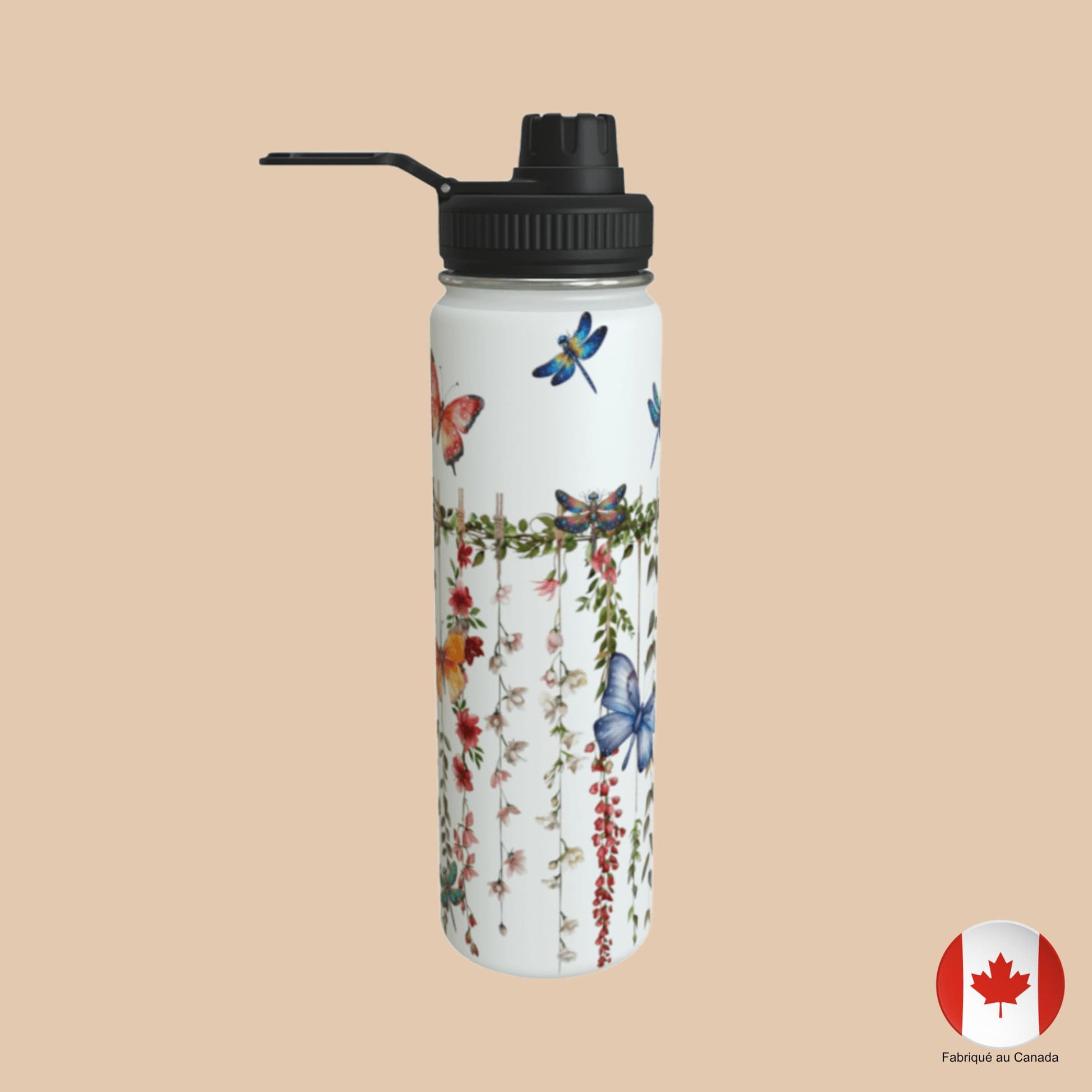 Bouteille d'eau fabriquée au Canada, motif floral et papillons – bouchon ouvert - Artic60