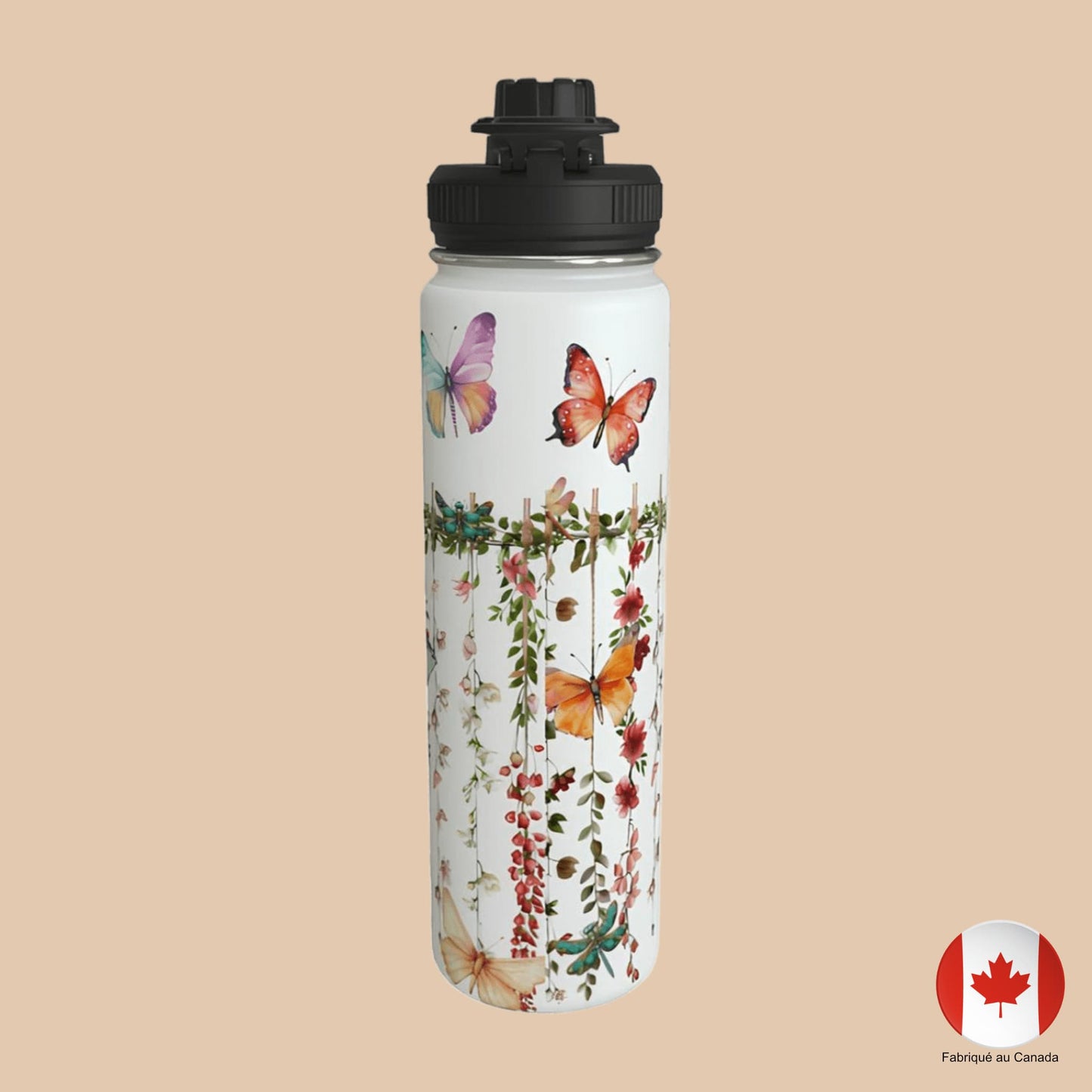 Bouteille en acier inoxydable avec papillons multicolores et fleurs suspendues – face