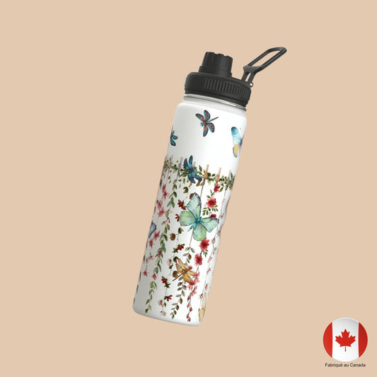 Bouteille d'eau 24 oz décorée de papillons et fleurs – vue inclinée - Artic60