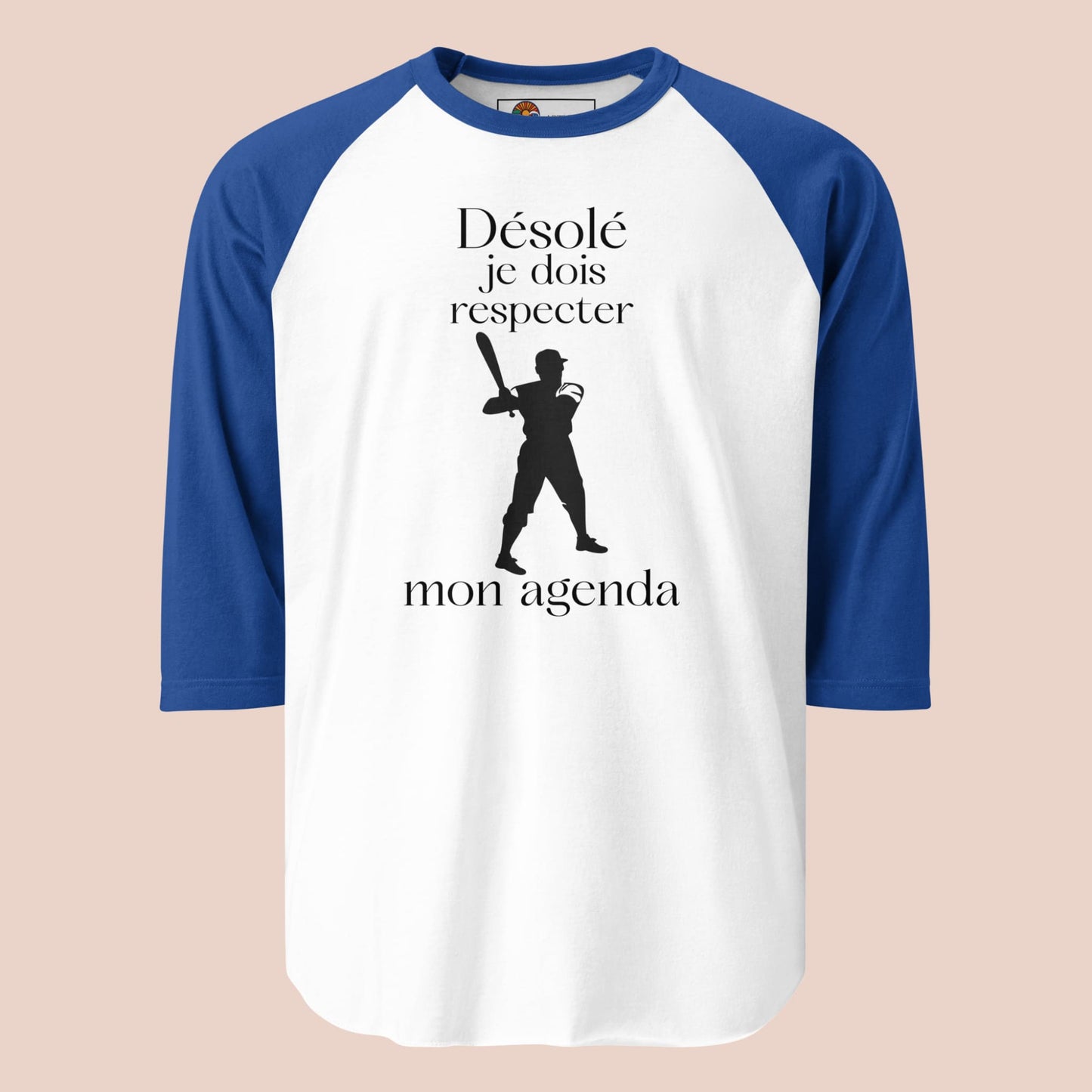 Chandail raglan manches bleues avec joueur de baseball et texte humoristique Désolé je dois respecter mon agenda - Artic60