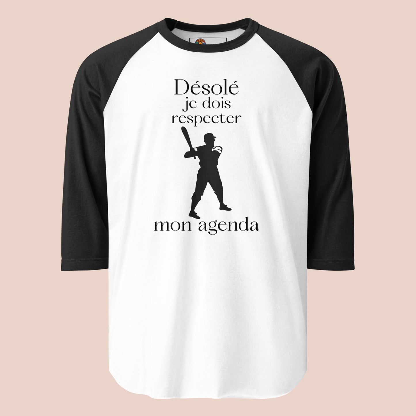 Chandail raglan manches noires avec joueur de baseball et texte humoristique Désolé je dois respecter mon agenda - Artic60