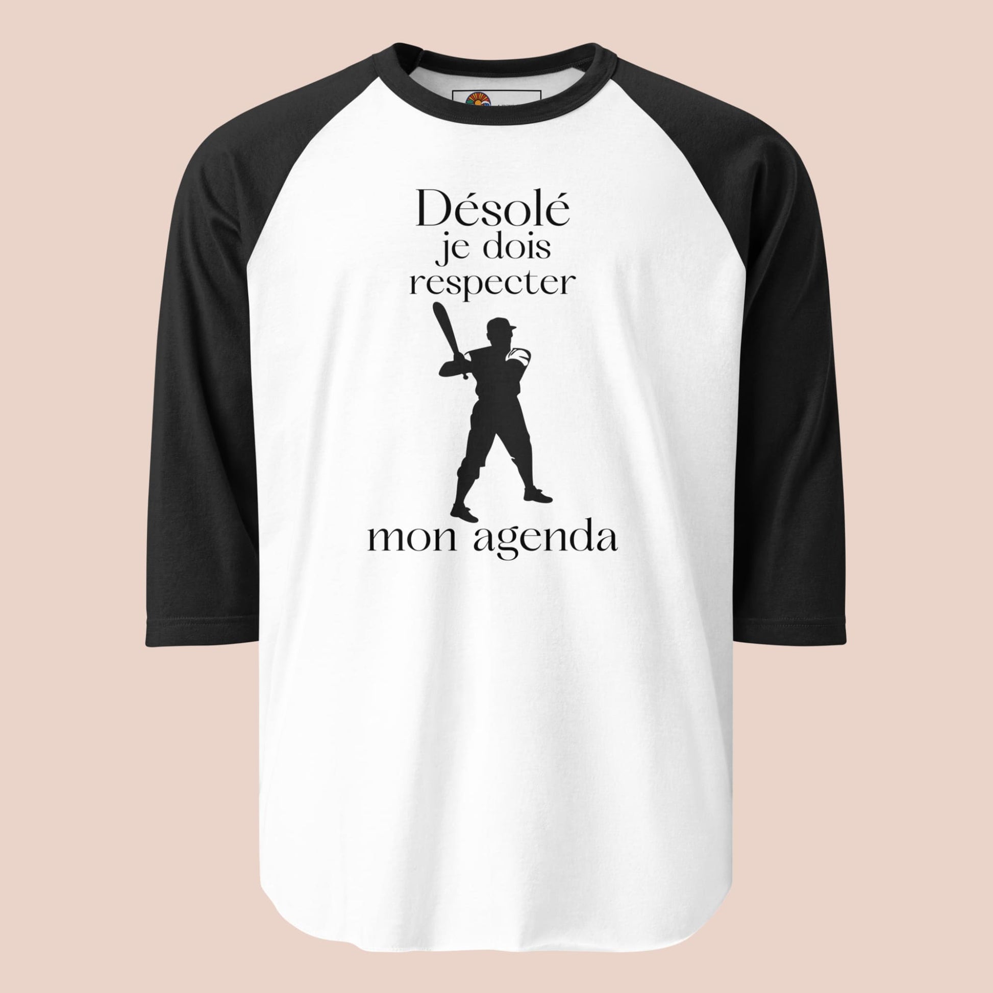 Chandail raglan manches noires avec joueur de baseball et texte humoristique Désolé je dois respecter mon agenda - Artic60