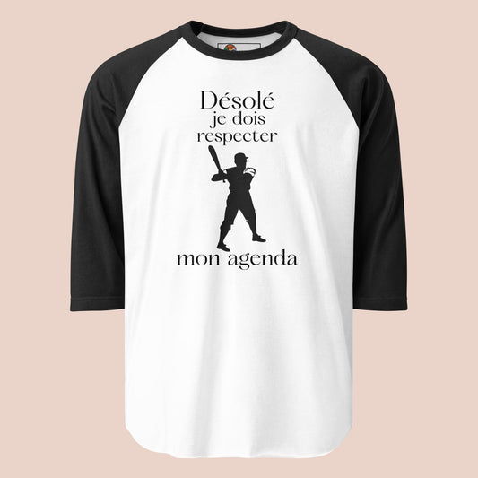 Chandail raglan manches noires avec joueur de baseball et texte humoristique Désolé je dois respecter mon agenda - Artic60