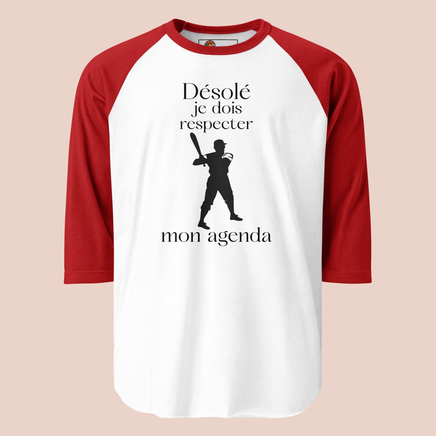 Chandail raglan manches rouges avec joueur de baseball et texte humoristique Désolé je dois respecter mon agenda - Artic60