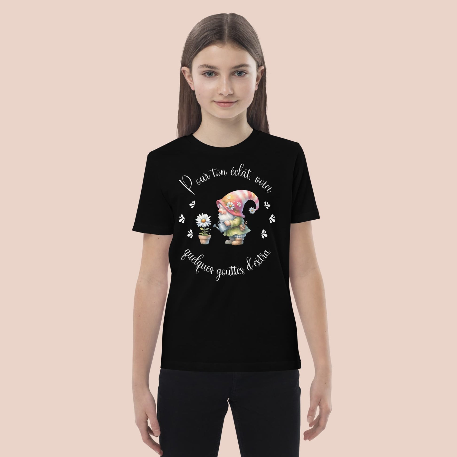 T-shirt biologique noir pour fille avec illustration de lutin – Artic60
