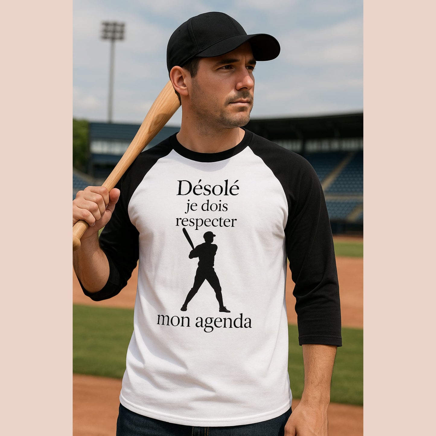 Homme joueur de baseball avec batte portant chandail raglan Désolé je dois respecter mon agenda - Artic60
