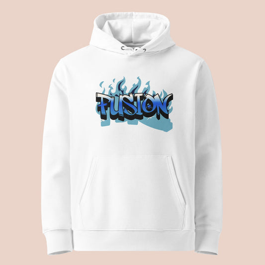 Hoodie blanc en coton bio avec design graffiti bleu et flammes - Artic60