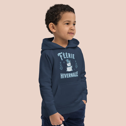 Garçon portant hoodie bleu marine illustré d’un bonhomme de neige - Artic60