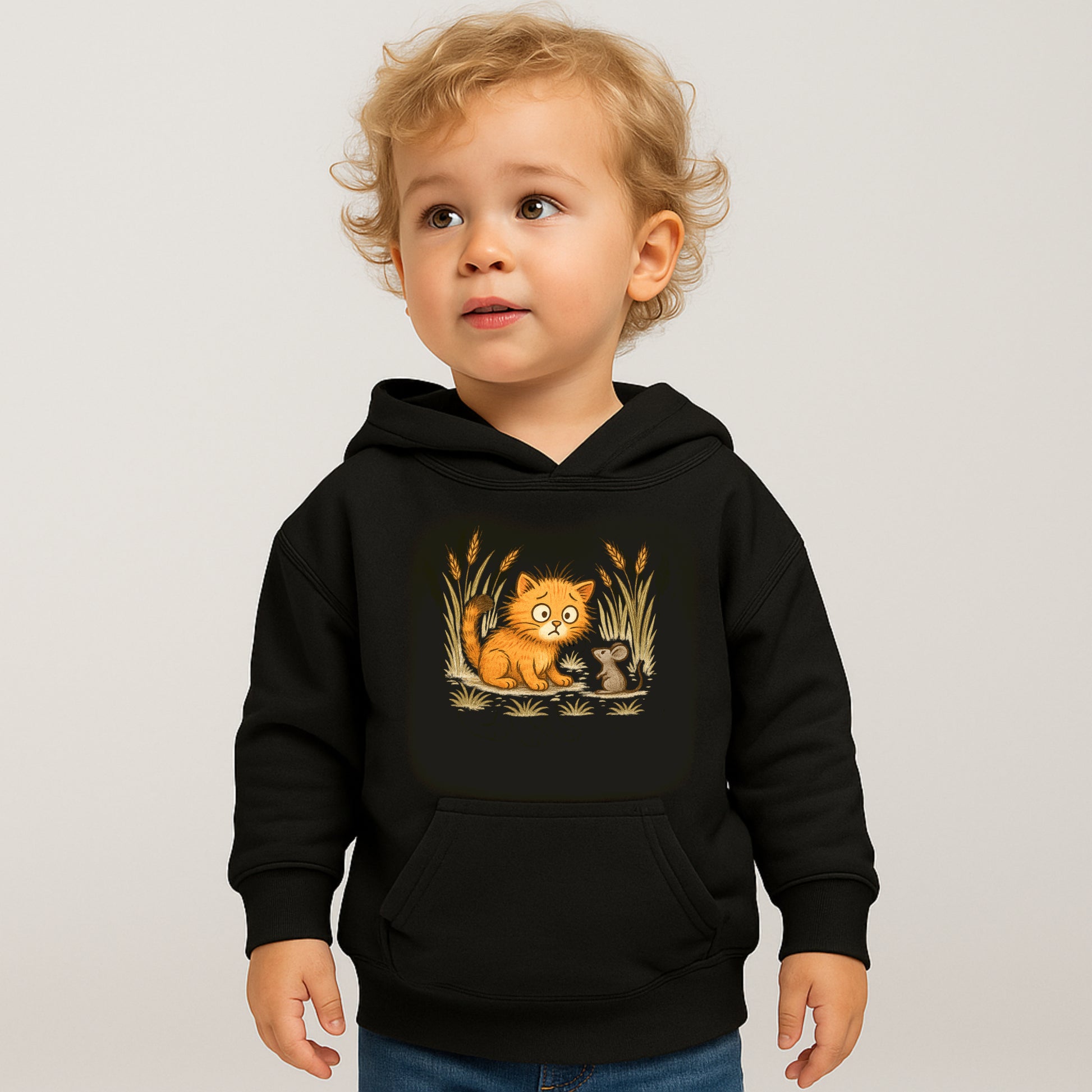 Bébé garçon portant un hoodie noir imprimé d'un chat surpris voyant une souris. vue du devant