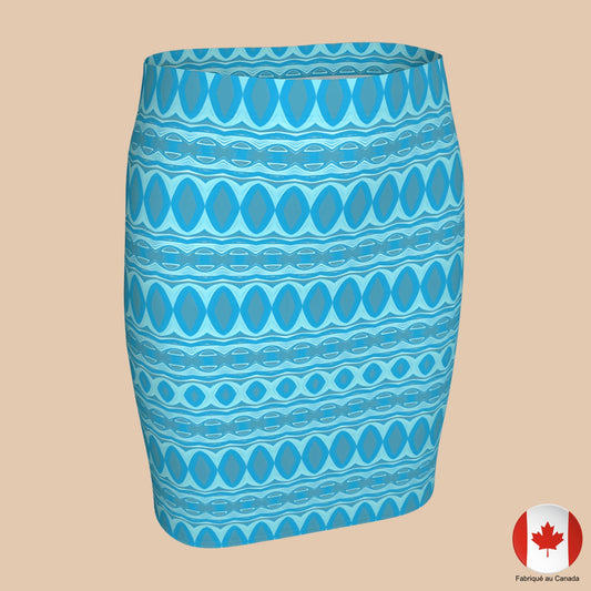 Vue avant de la jupe moulante turquoise à motifs géométriques – Artic60