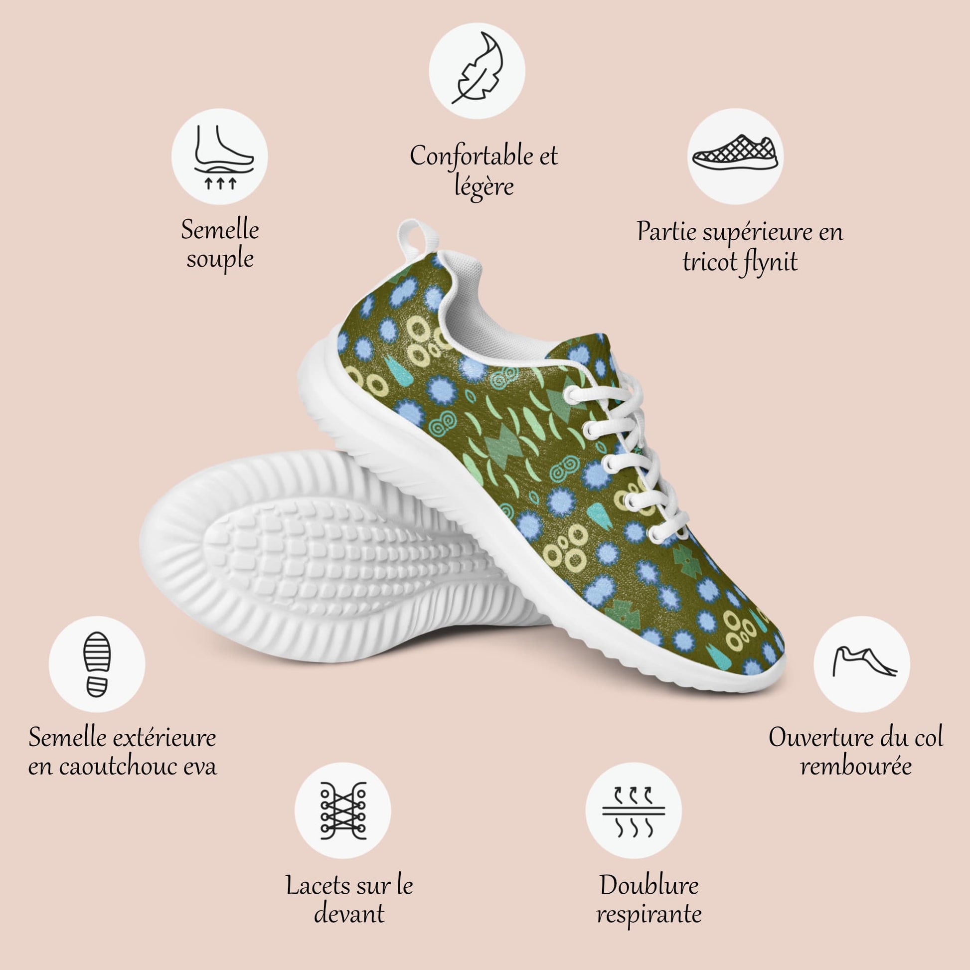 Détail de baskets sports pour femmes imprimées aux motifs géométriques verts et bleus - Artic60