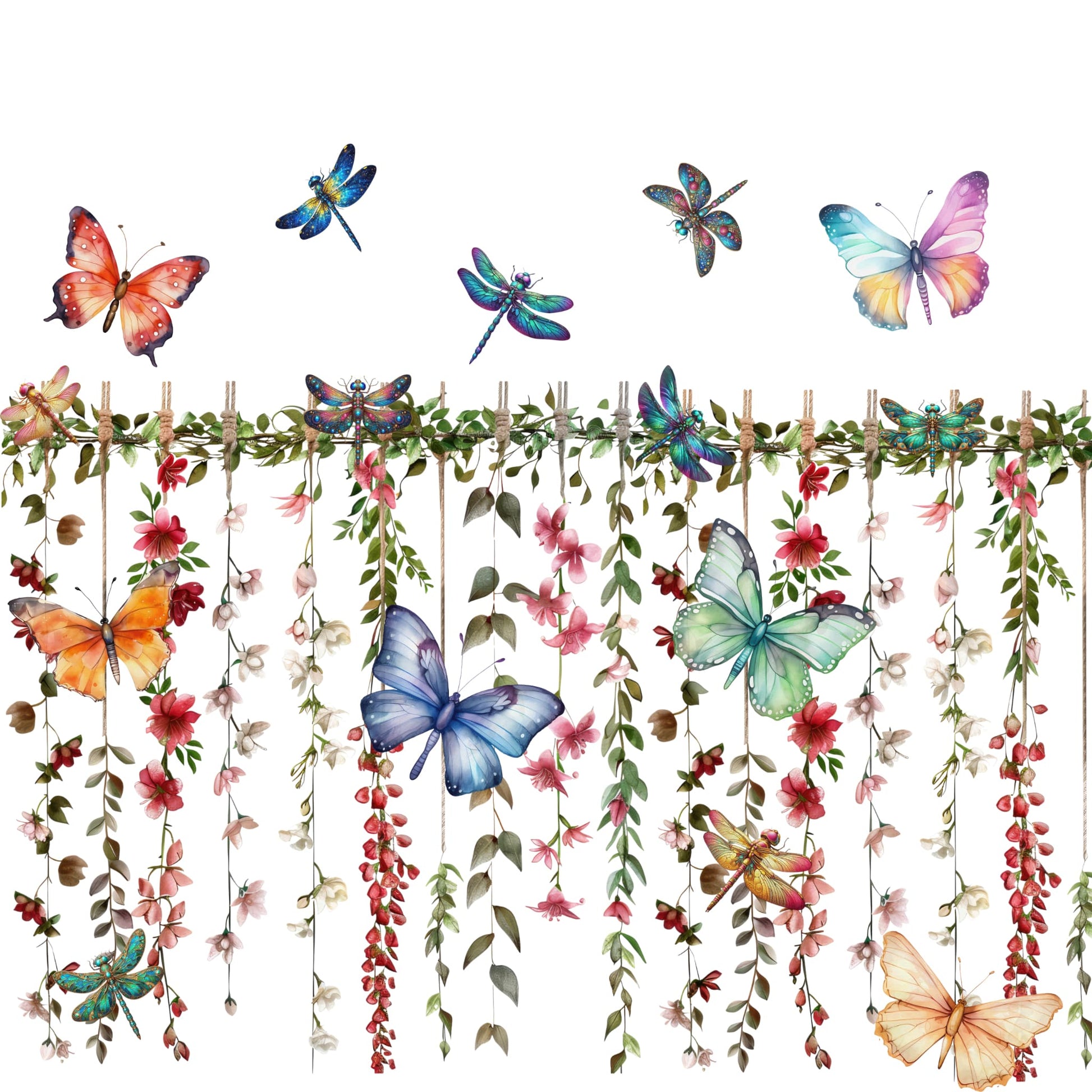 Illustration florale avec papillons colorés suspendus à une corde – Design Artic60