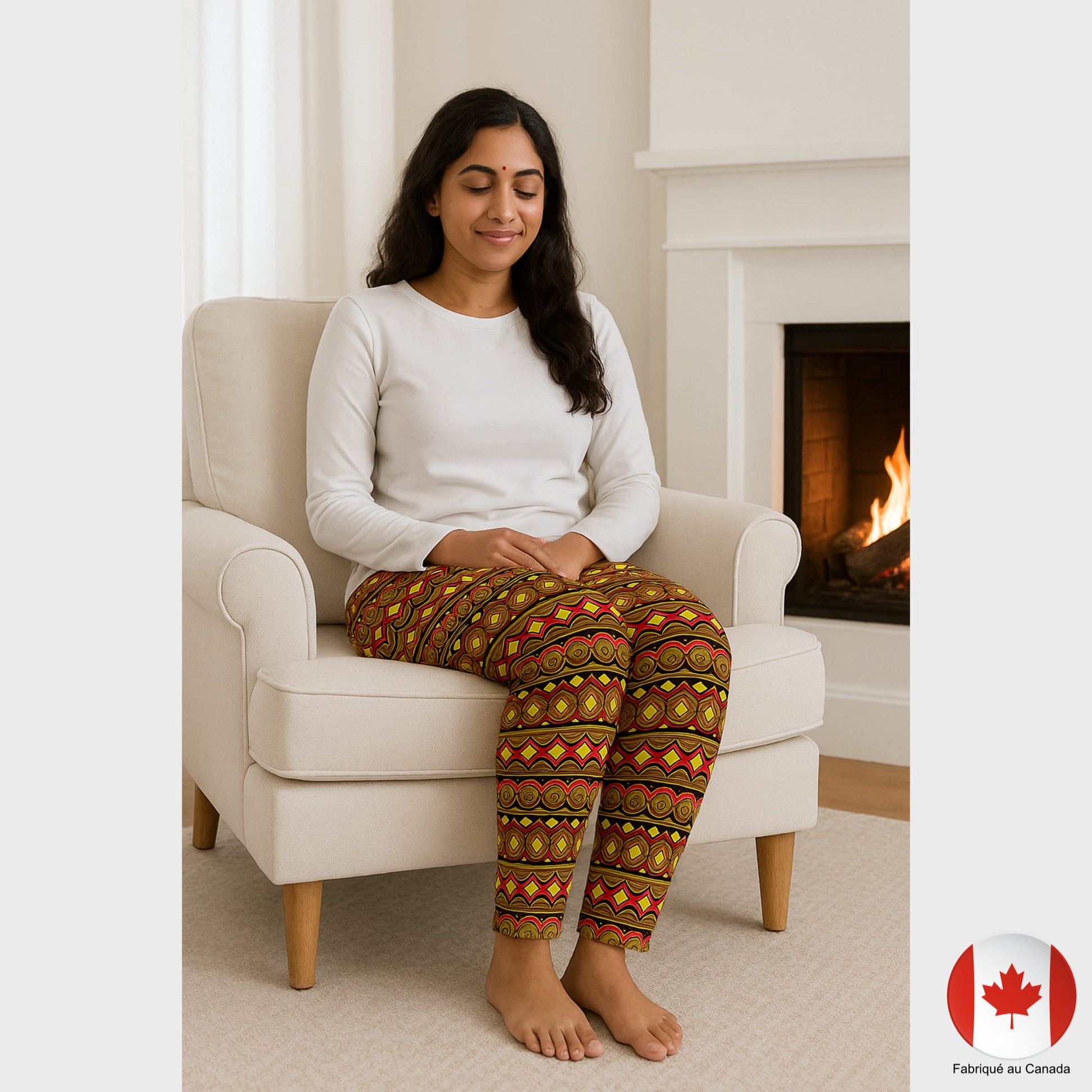 Femme hindoue assise dans un salon clair portant un pantalon détente à motif tribal chaleureux - Artic60