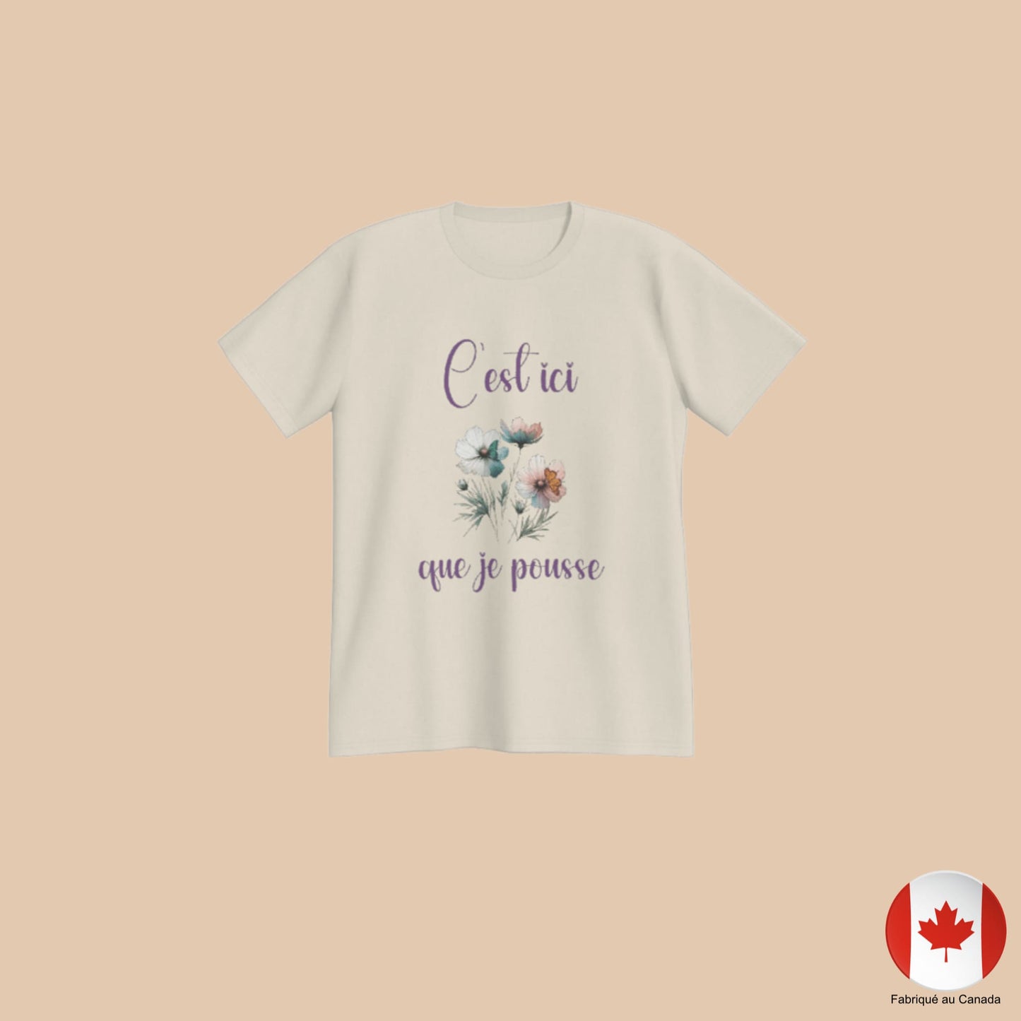 T-shirt premium beige avec motif floral délicat et papillons colorés « C'est ici que je pousse » - Artic60